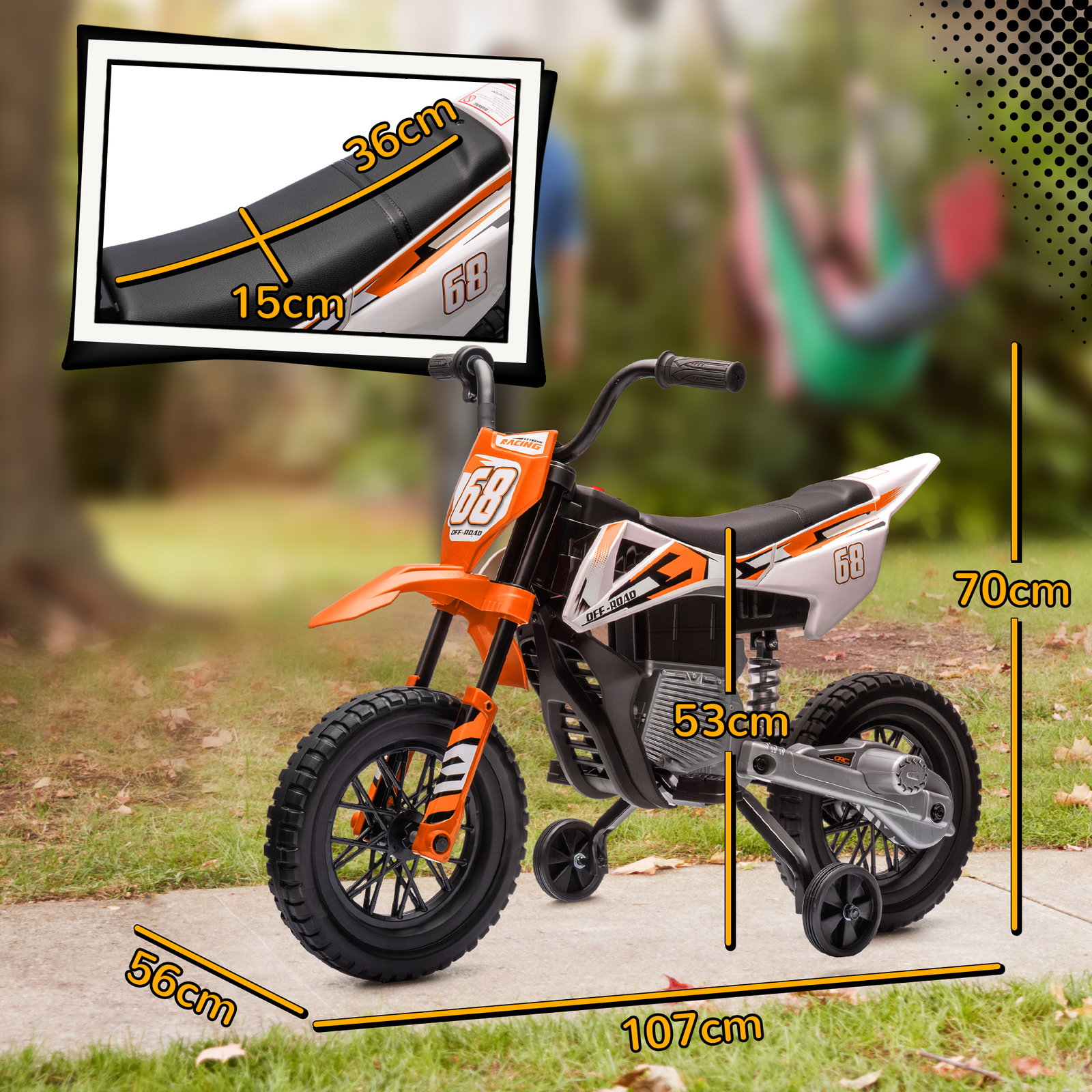 Moto elétrica infantil 12v com música, velocidade 2,4-5 km/h, rodas auxiliares, 107x56x70 cm, laranja