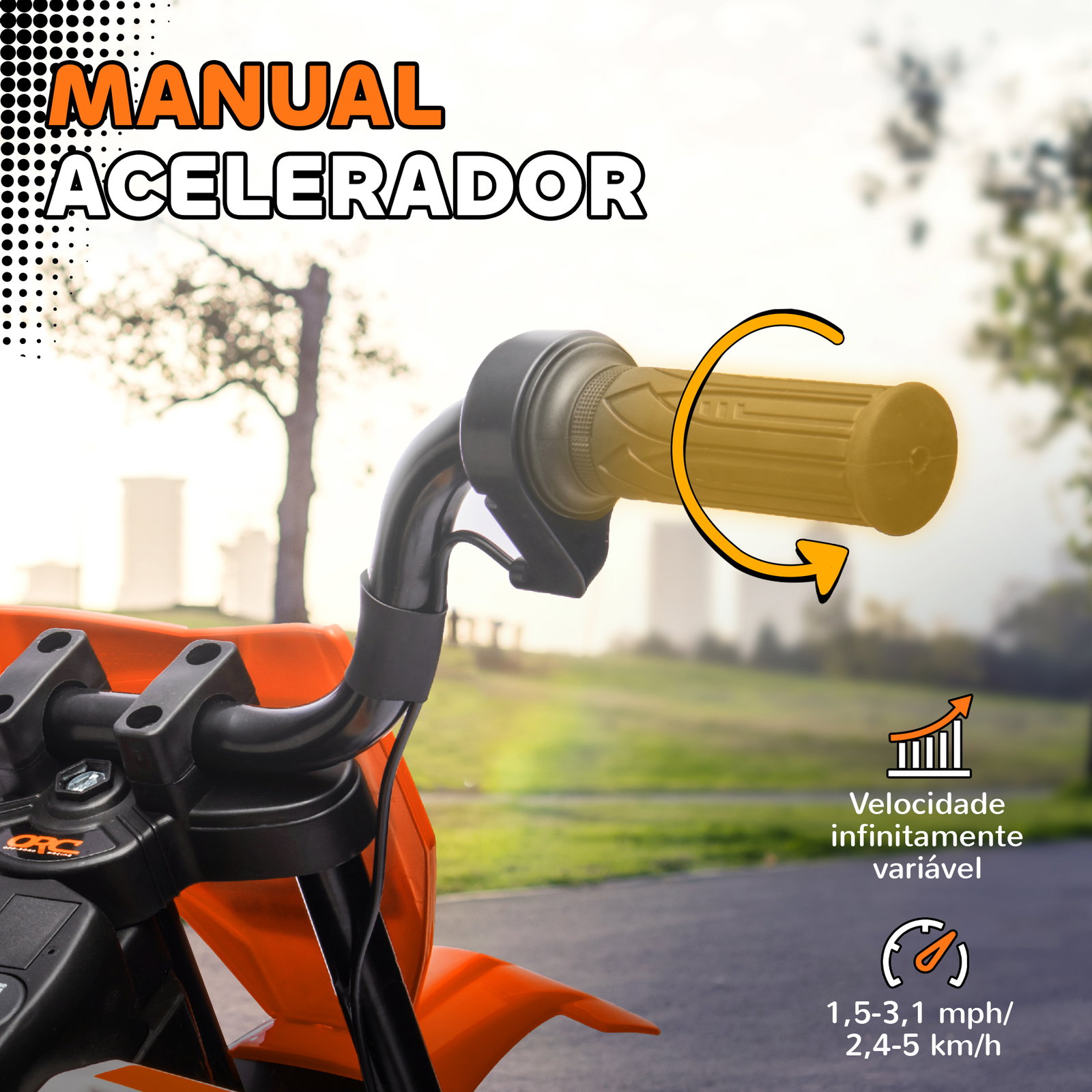 Moto elétrica infantil 12v com música, velocidade 2,4-5 km/h, rodas auxiliares, 107x56x70 cm, laranja