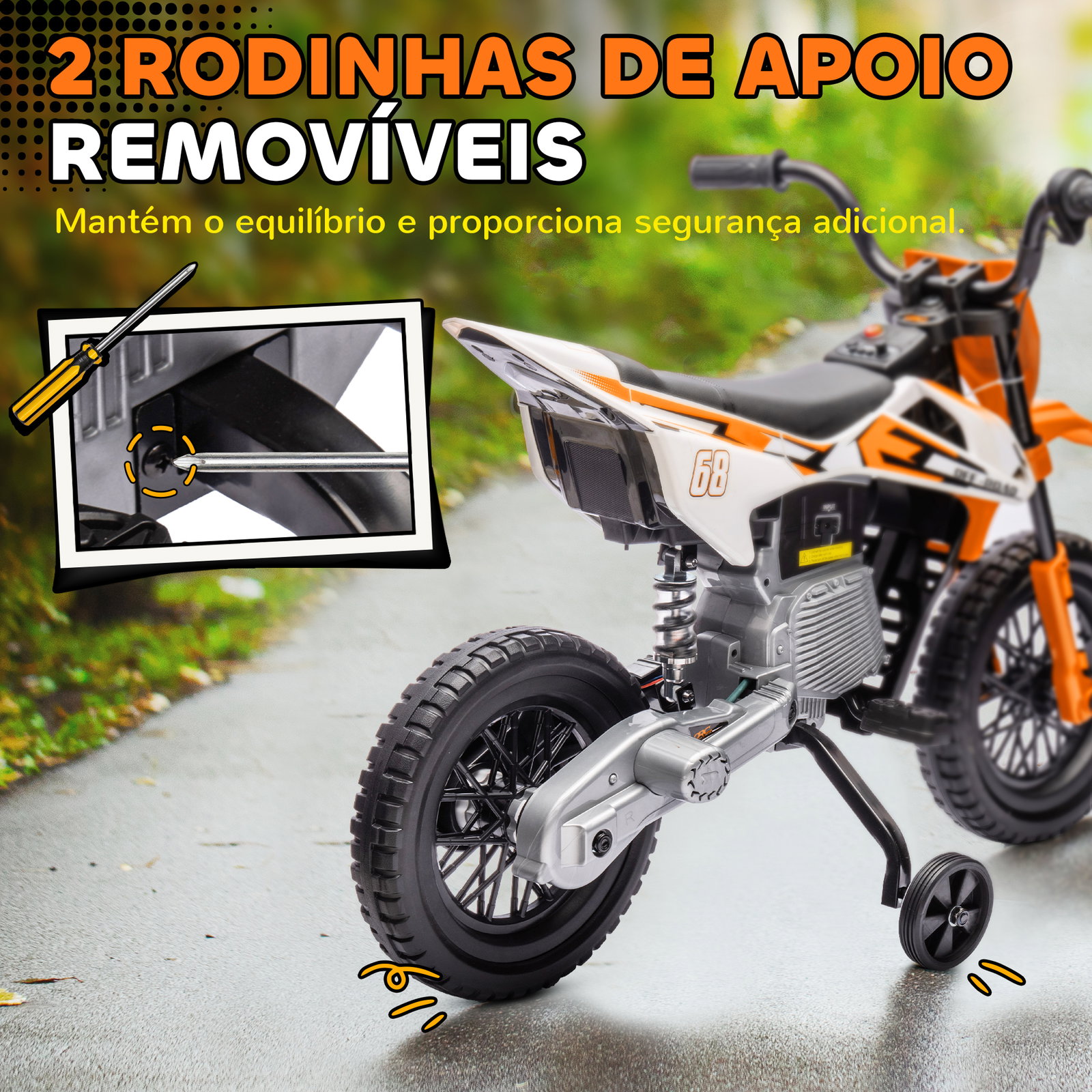 Moto elétrica infantil 12v com música, velocidade 2,4-5 km/h, rodas auxiliares, 107x56x70 cm, laranja