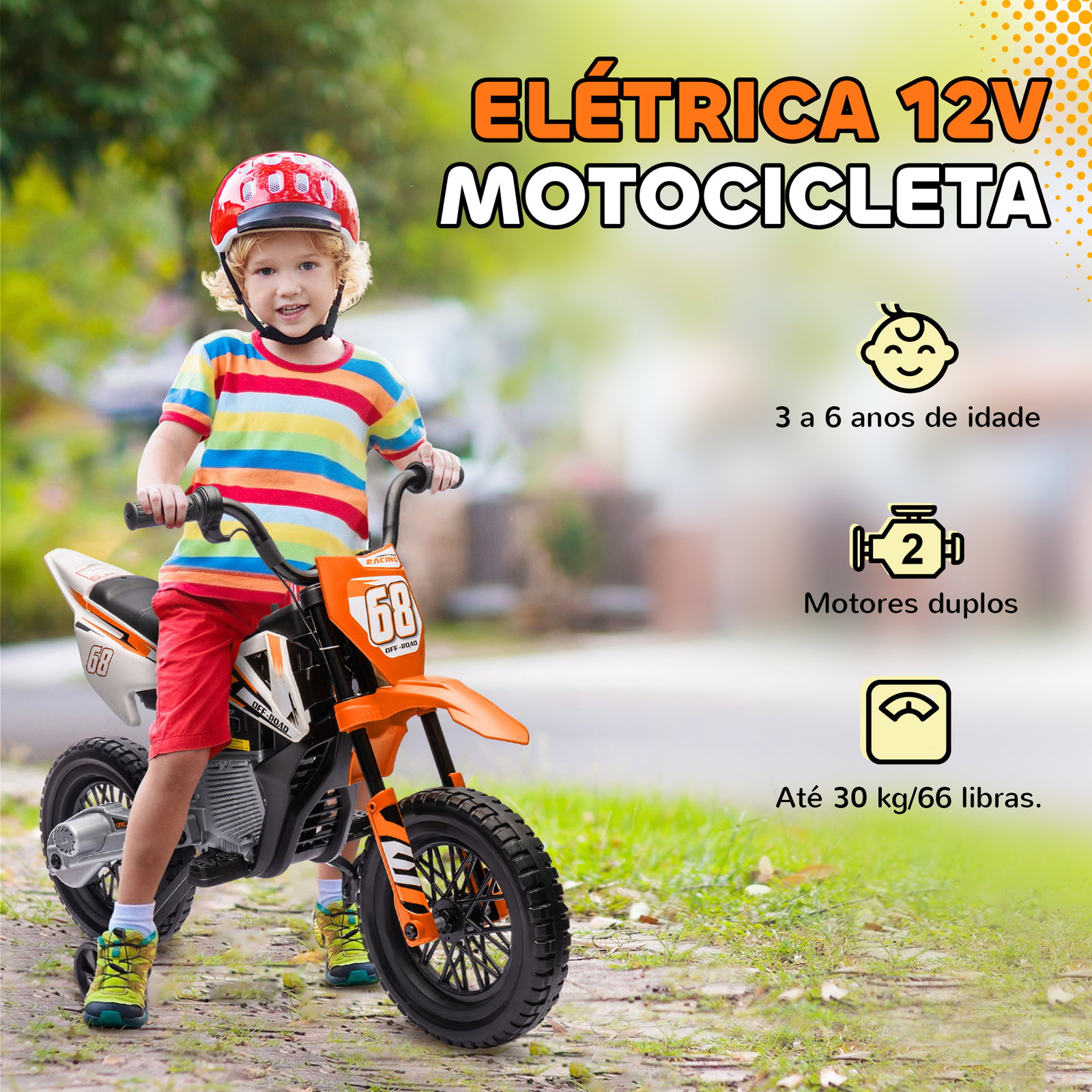 Moto elétrica infantil 12v com música, velocidade 2,4-5 km/h, rodas auxiliares, 107x56x70 cm, laranja
