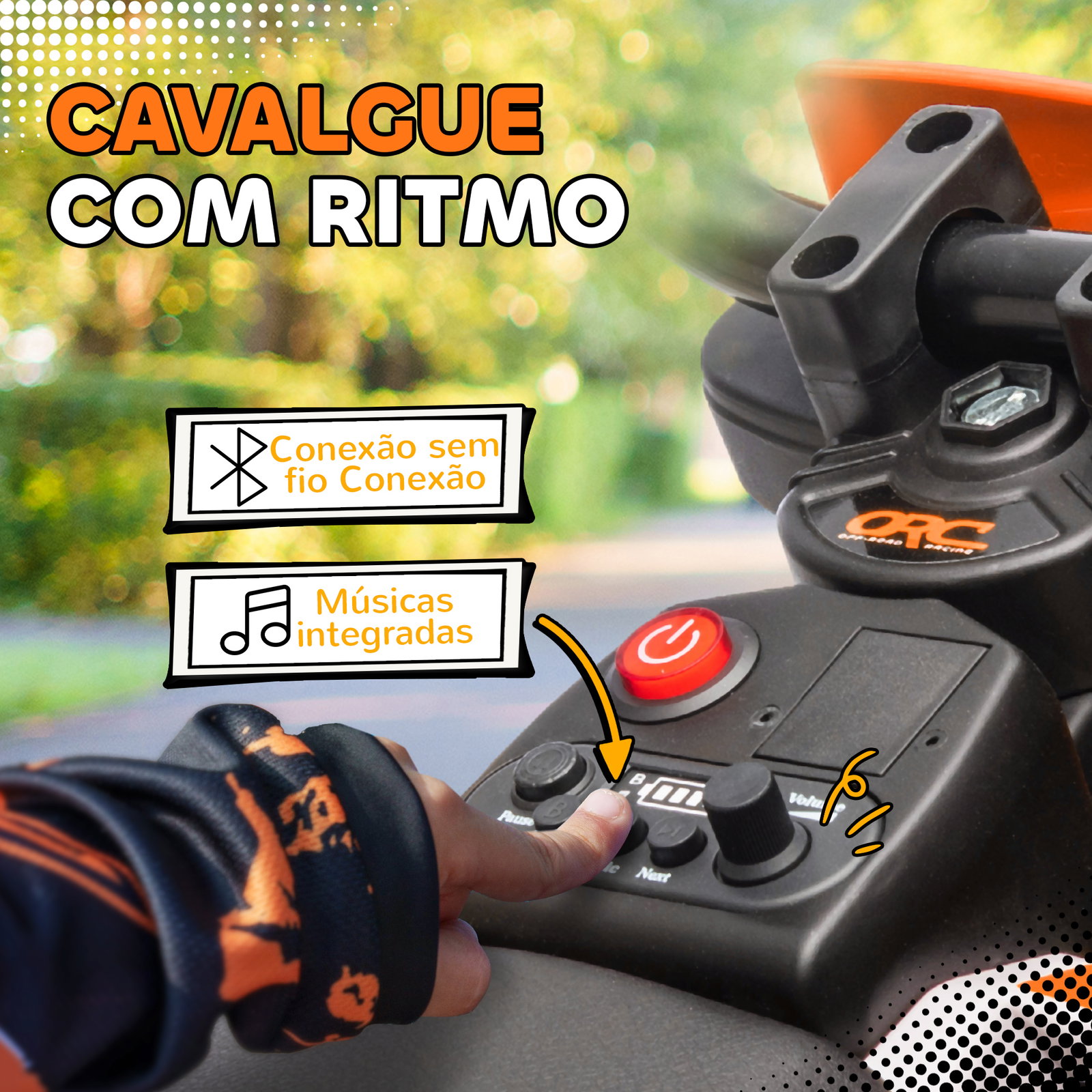 Moto elétrica infantil 12v com música, velocidade 2,4-5 km/h, rodas auxiliares, 107x56x70 cm, laranja