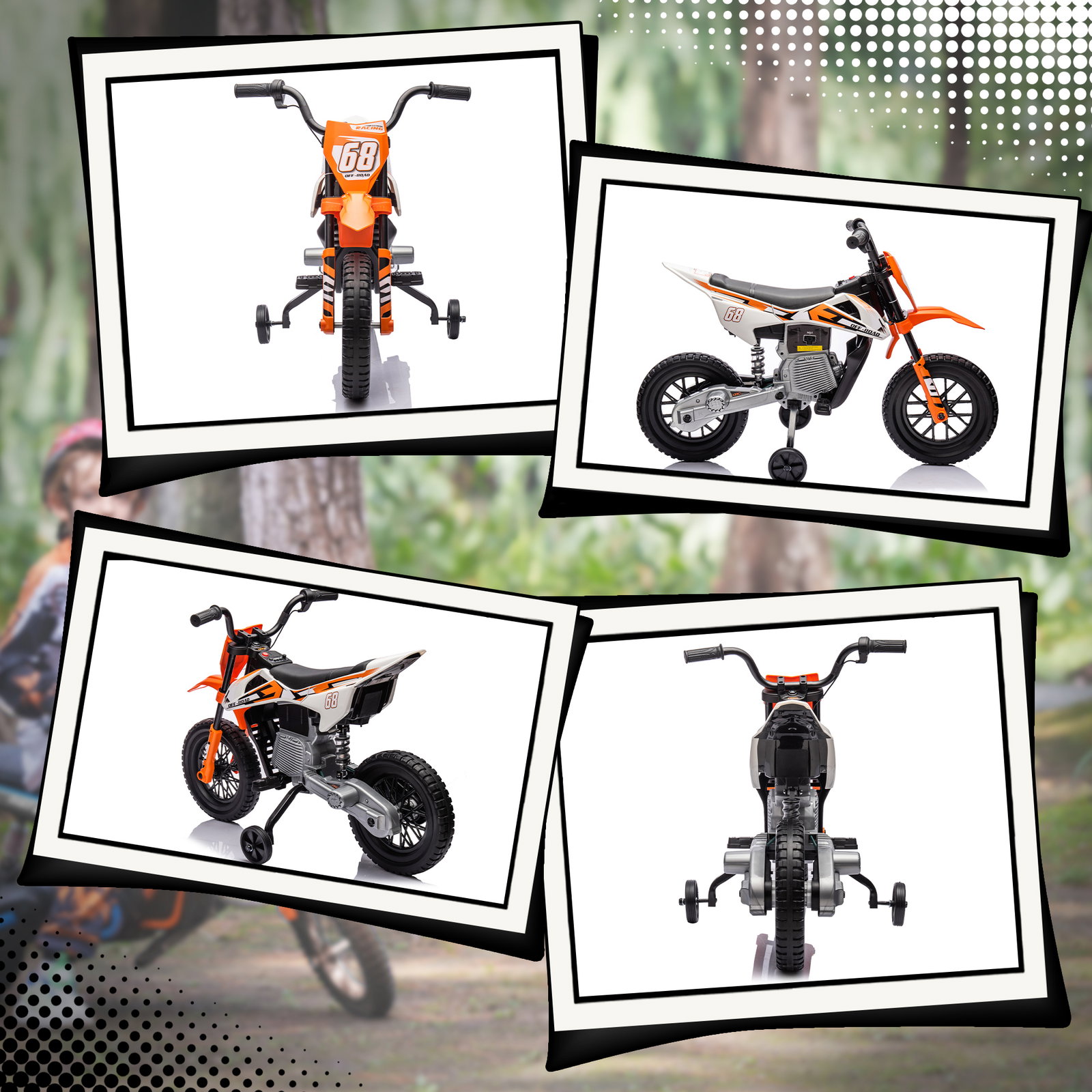 Moto elétrica infantil 12v com música, velocidade 2,4-5 km/h, rodas auxiliares, 107x56x70 cm, laranja