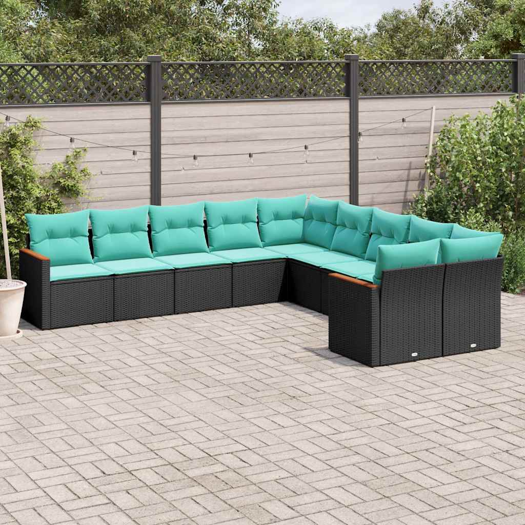 Conjunto de sofá de jardim com 10 peças e almofadas em rattan sintético preto