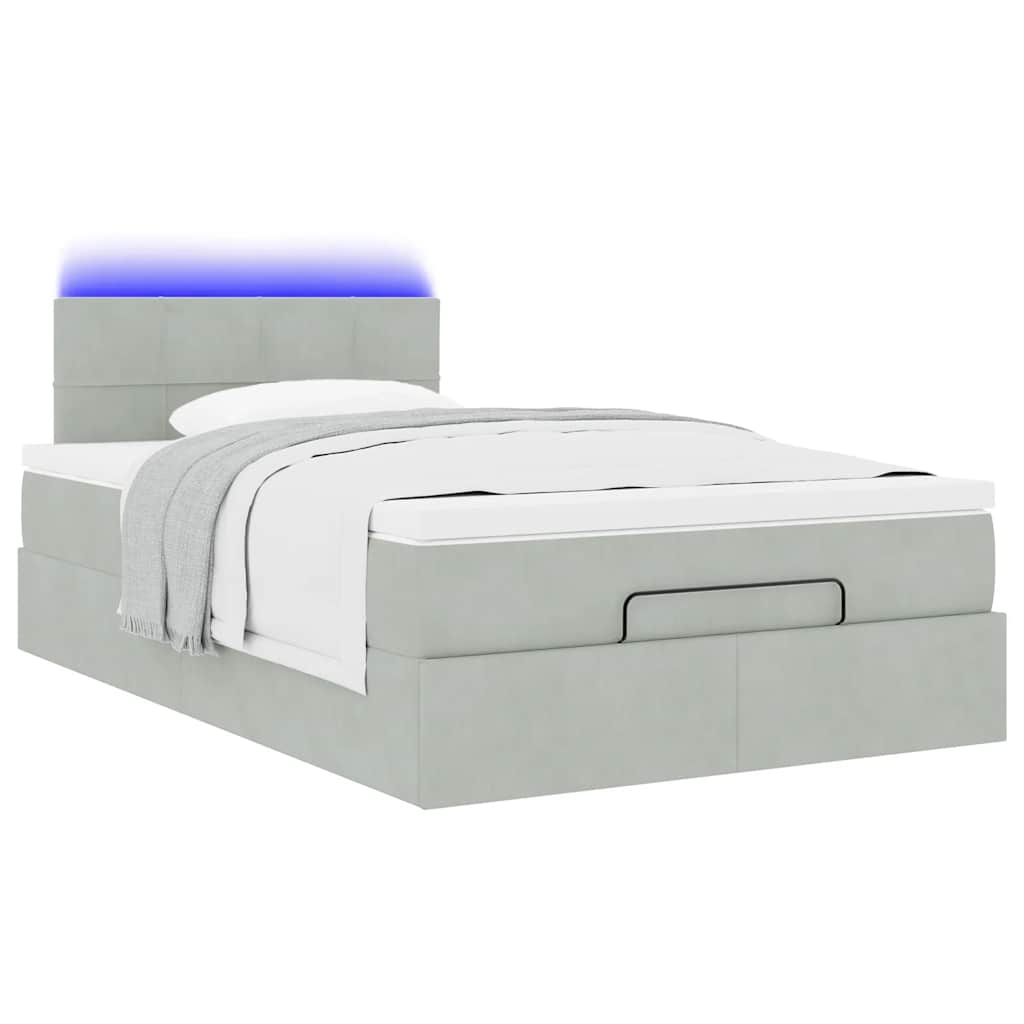 Estrutura de cama otomana com colchão cinza claro veludo