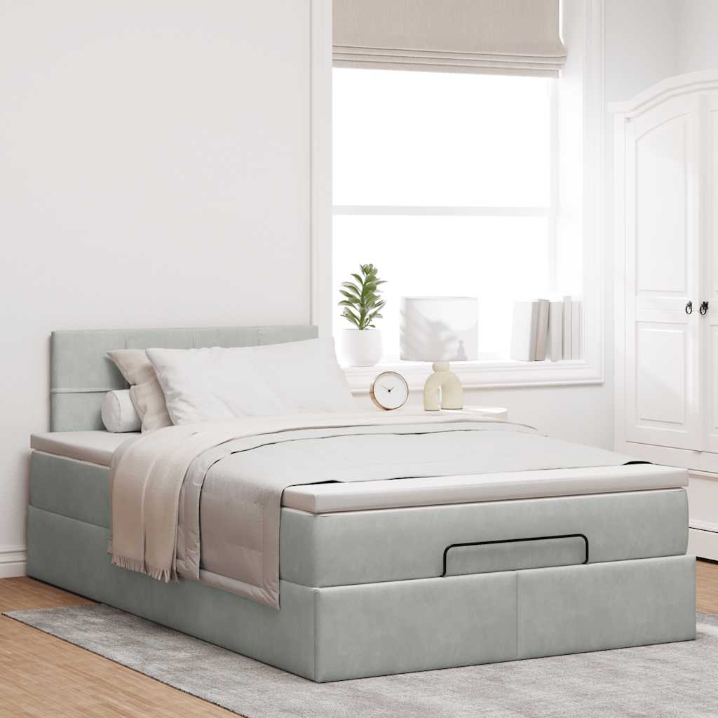 Estrutura de cama otomana com colchão cinza claro veludo