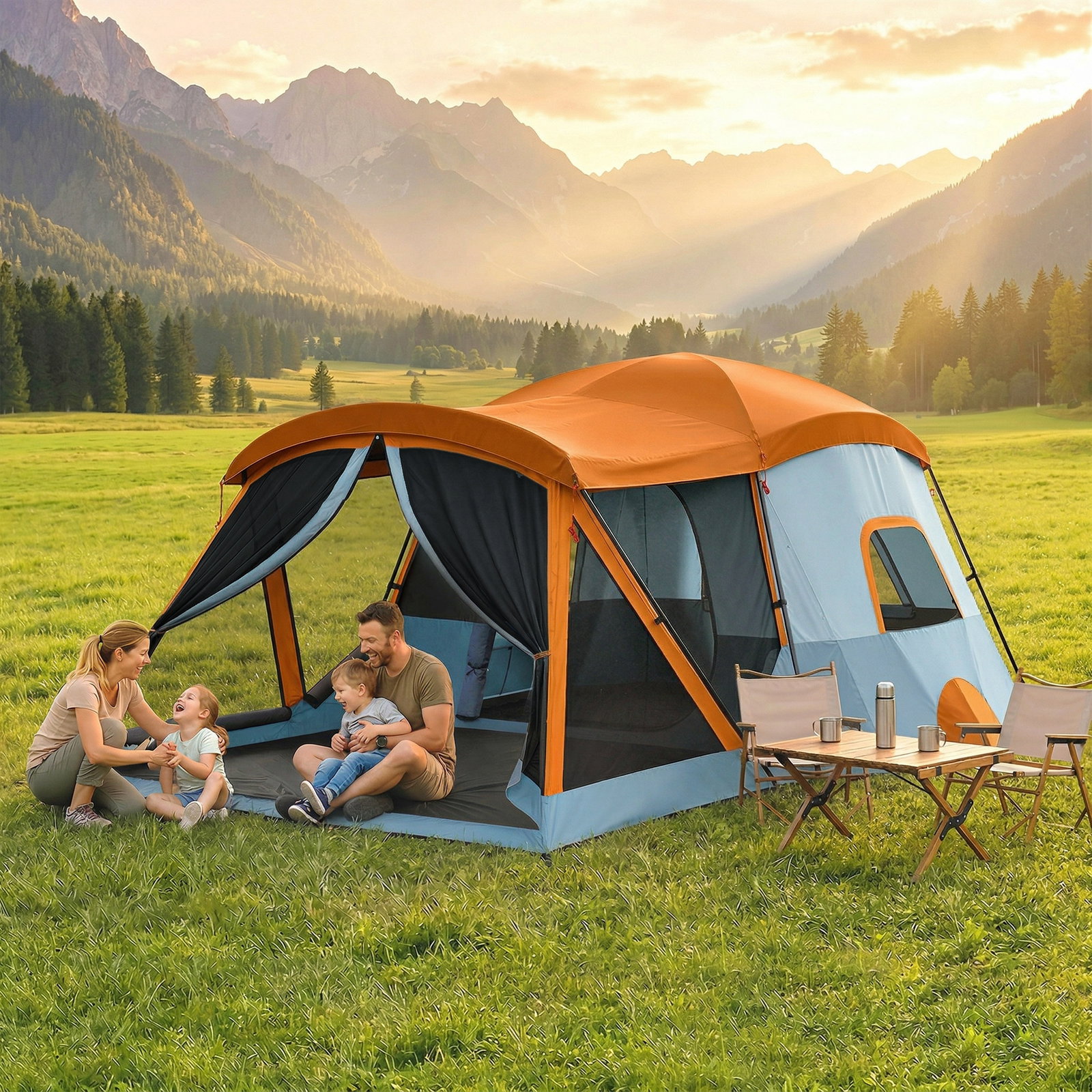Tenda de campismo familiar tipo túnel para 4 pessoas com 2 quartos, portas e claraboias impermeável 530x380x220 cm multicor