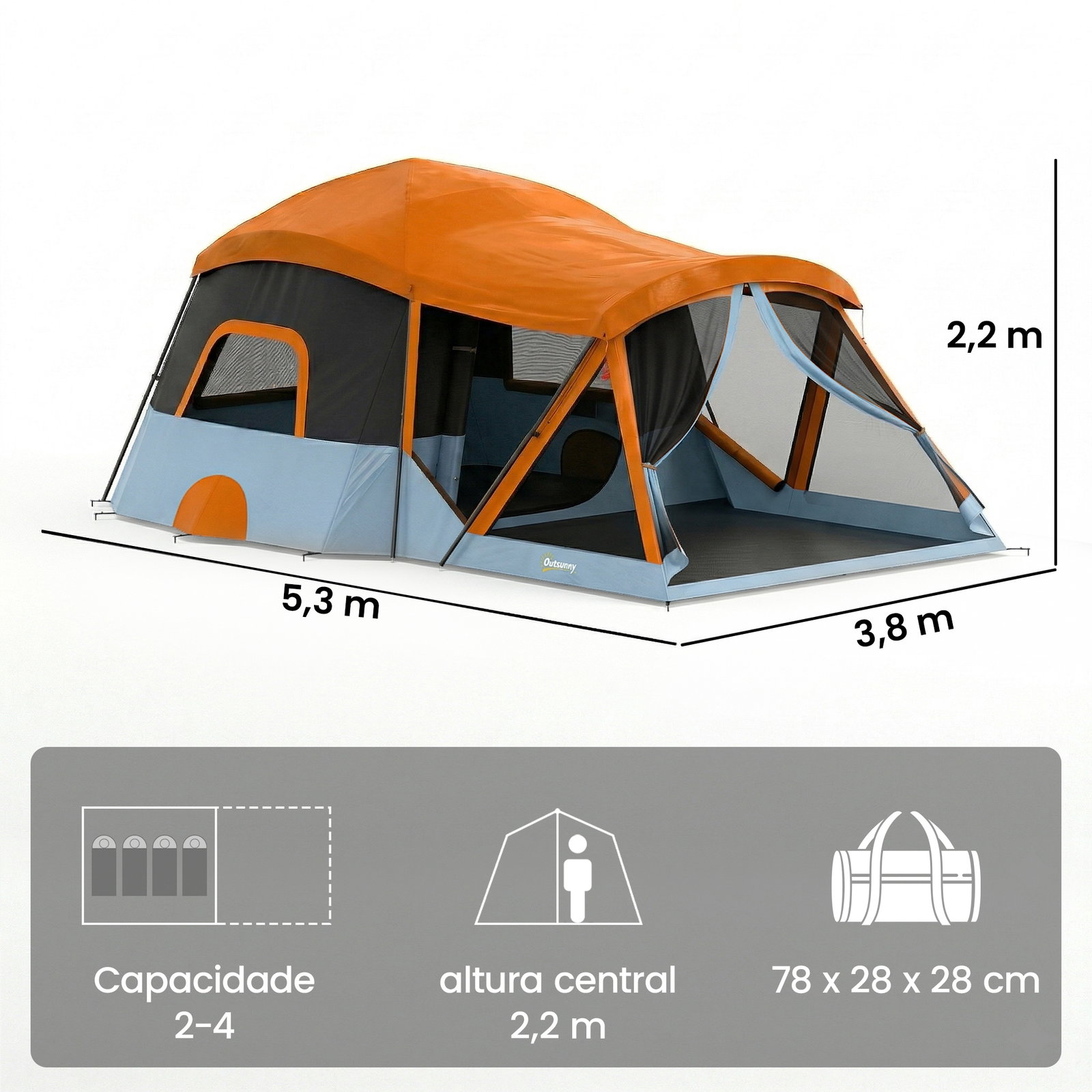 Tenda de campismo familiar tipo túnel para 4 pessoas com 2 quartos, portas e claraboias impermeável 530x380x220 cm multicor