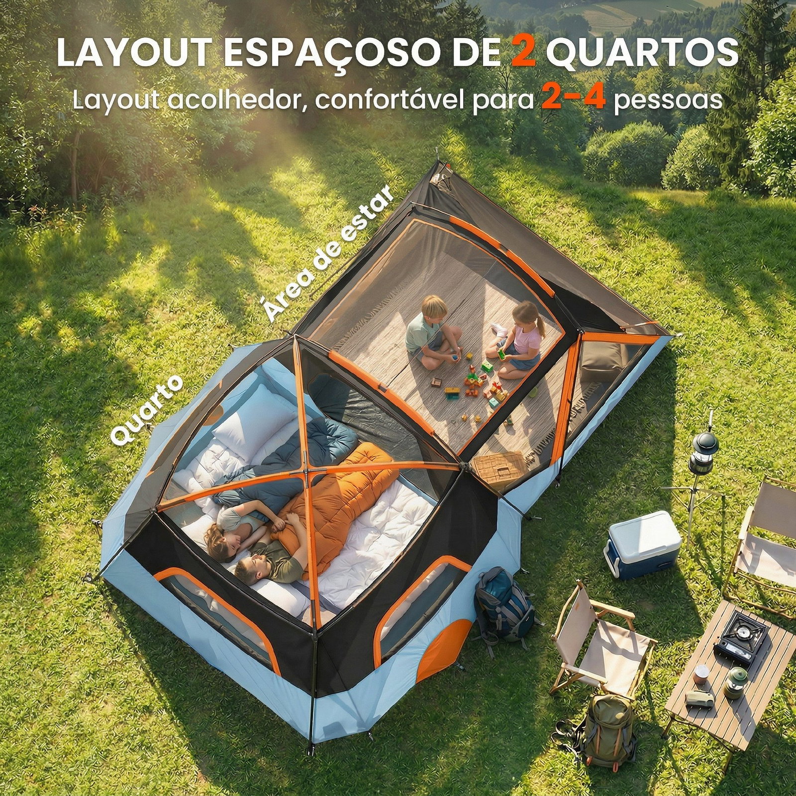 Tenda de campismo familiar tipo túnel para 4 pessoas com 2 quartos, portas e claraboias impermeável 530x380x220 cm multicor