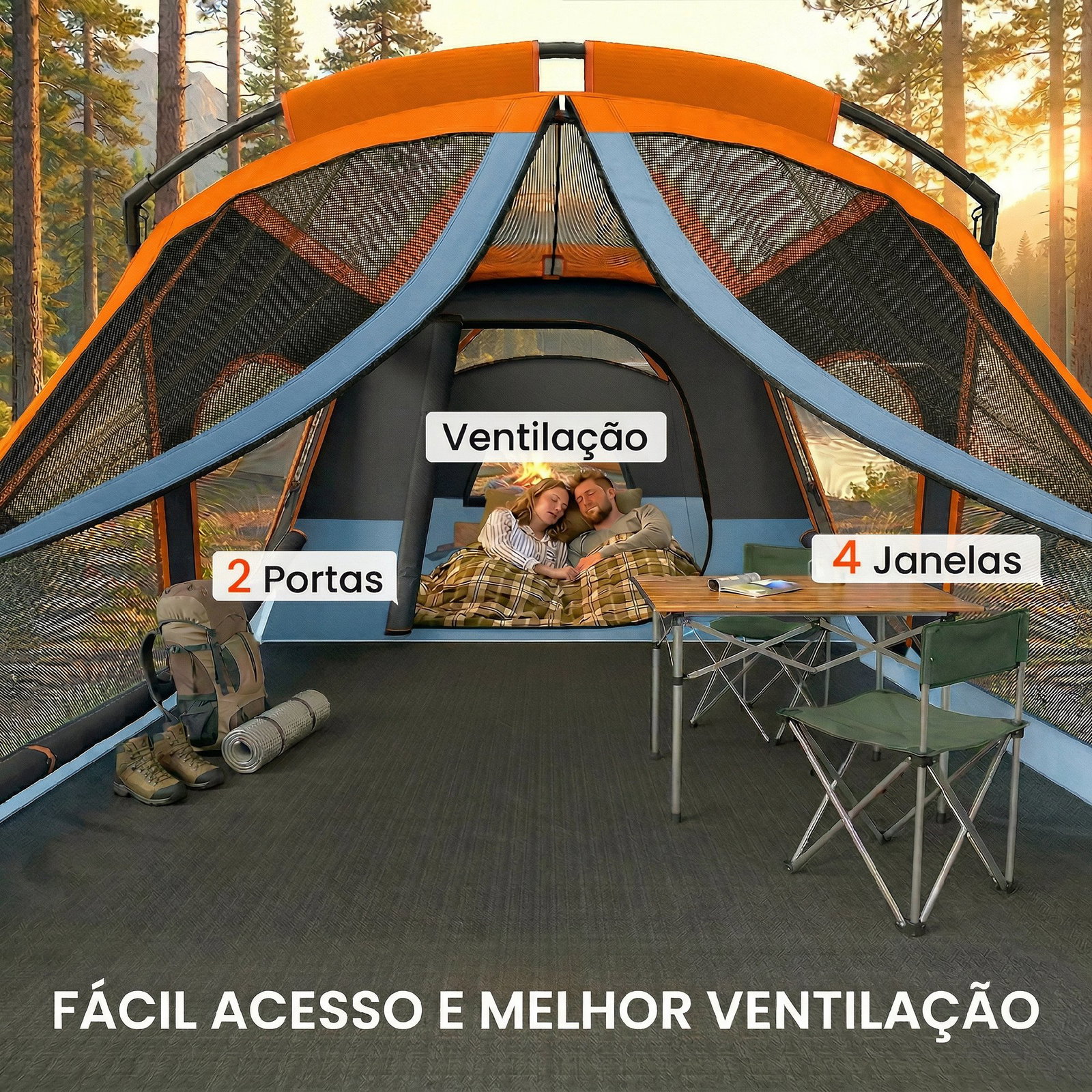 Tenda de campismo familiar tipo túnel para 4 pessoas com 2 quartos, portas e claraboias impermeável 530x380x220 cm multicor