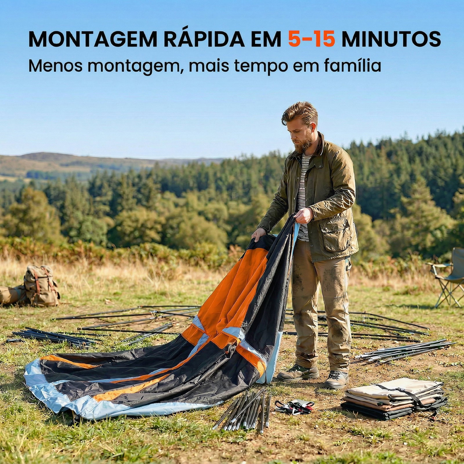 Tenda de campismo familiar tipo túnel para 4 pessoas com 2 quartos, portas e claraboias impermeável 530x380x220 cm multicor