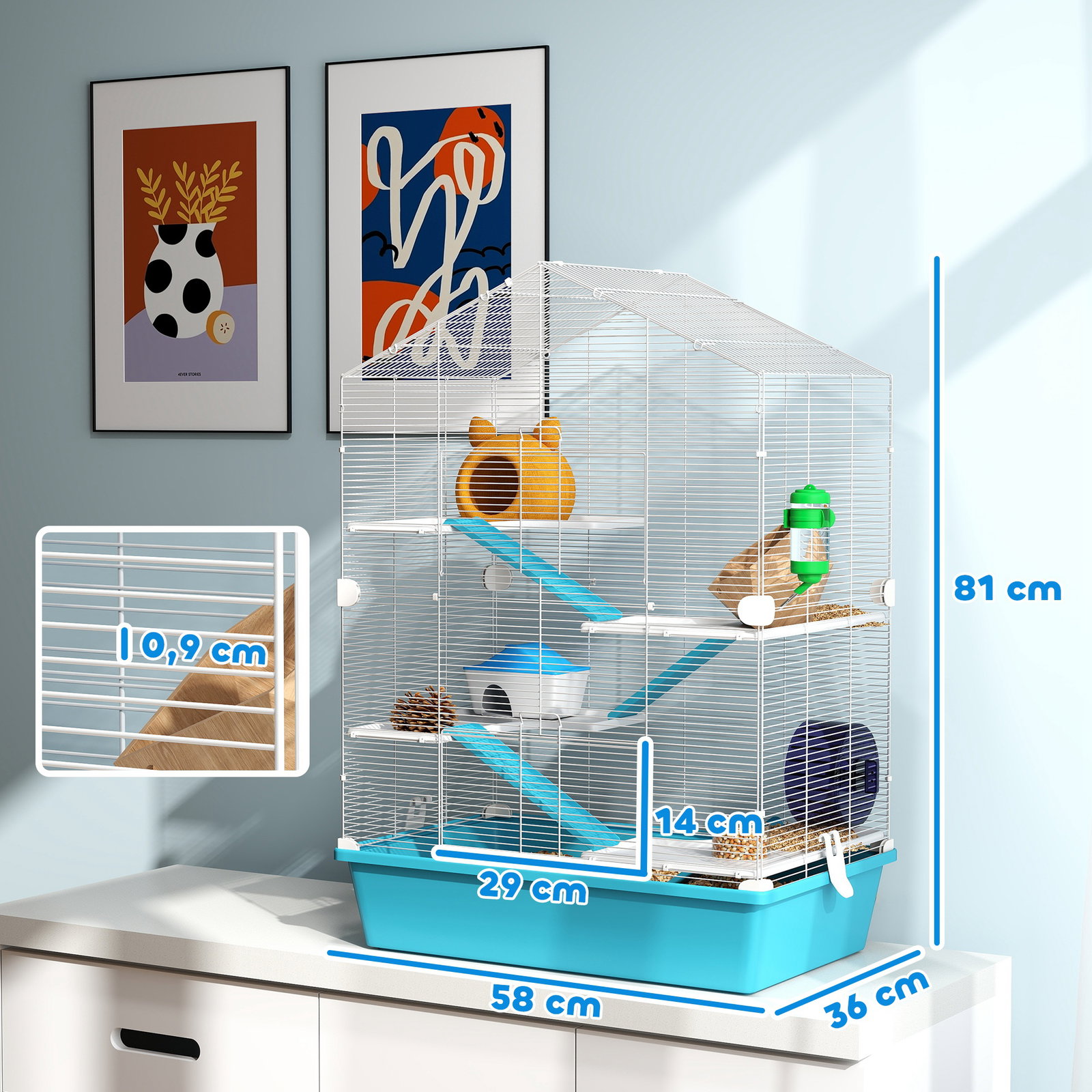 Gaiola para hamster de 5 níveis com plataformas comedouro bebedouro casa rampa e rodas de exercícios 58x36x81 cm azul claro