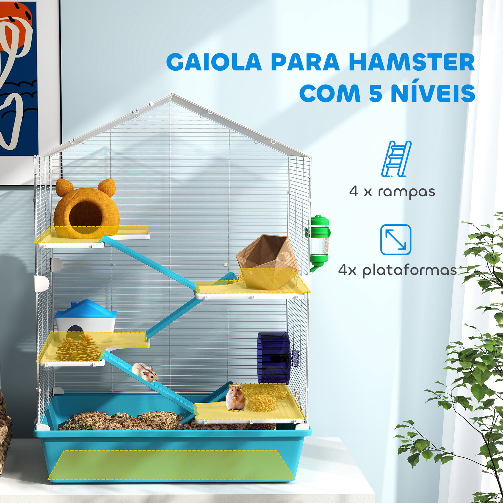 Gaiola para hamster de 5 níveis com plataformas comedouro bebedouro casa rampa e rodas de exercícios 58x36x81 cm azul claro