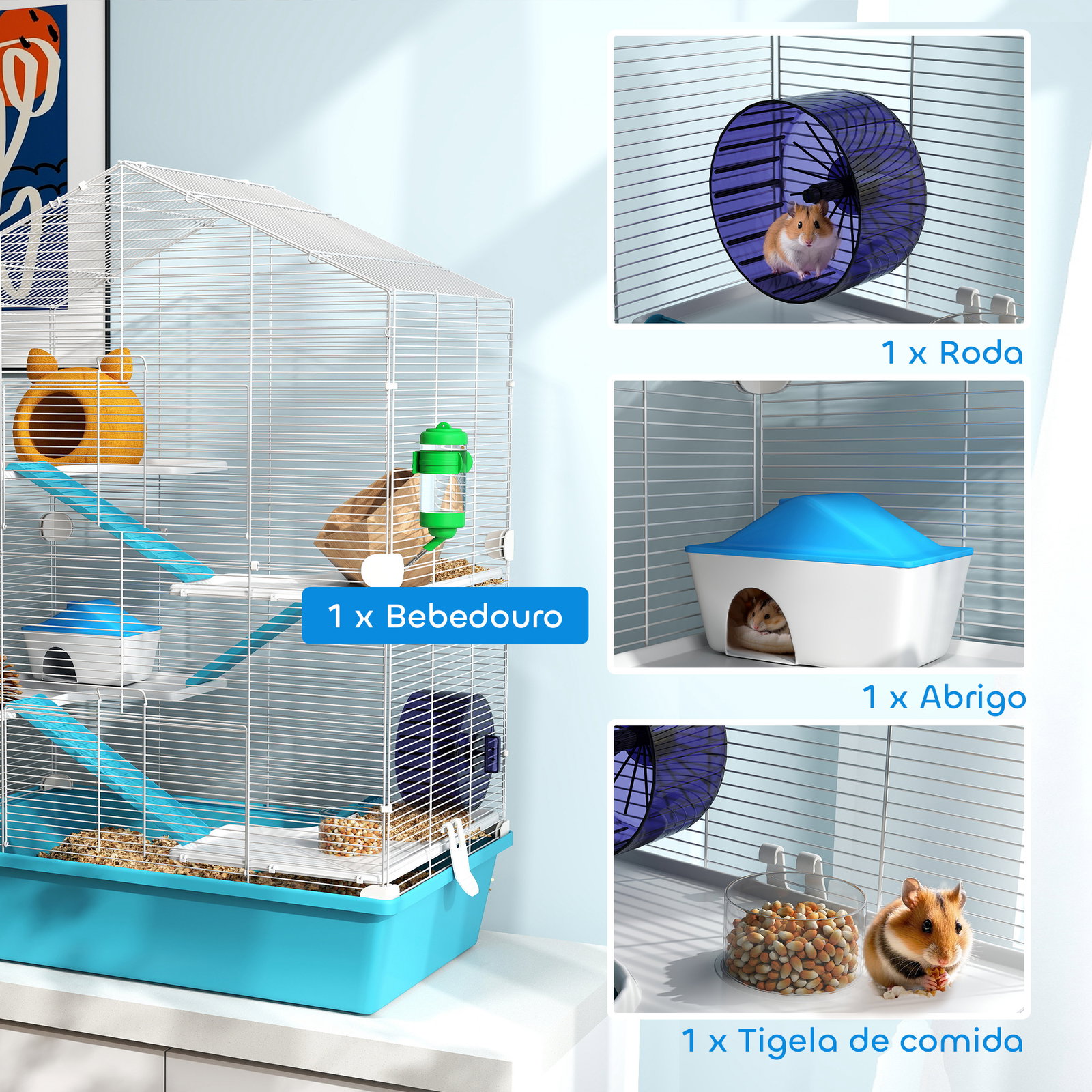 Gaiola para hamster de 5 níveis com plataformas comedouro bebedouro casa rampa e rodas de exercícios 58x36x81 cm azul claro