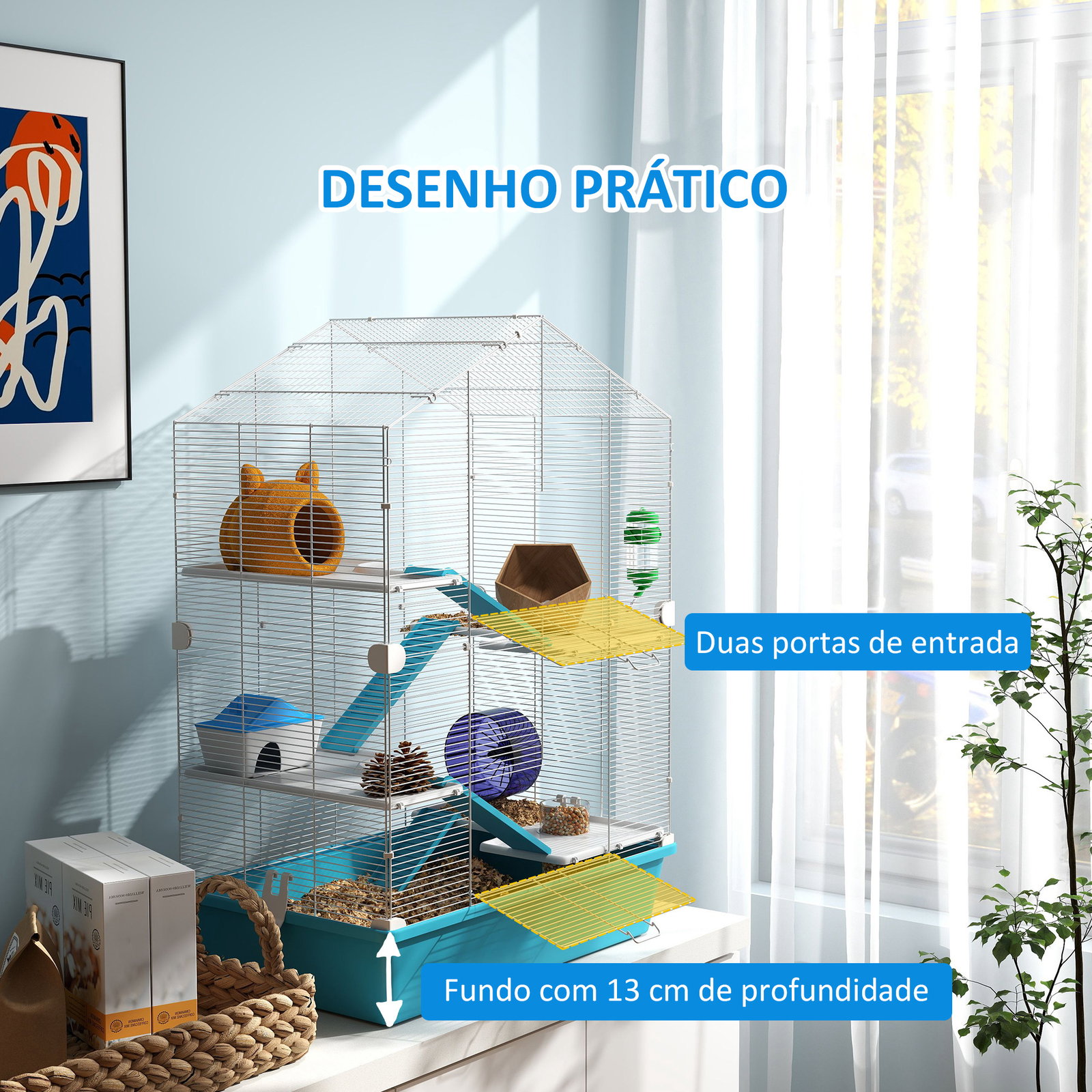 Gaiola para hamster de 5 níveis com plataformas comedouro bebedouro casa rampa e rodas de exercícios 58x36x81 cm azul claro