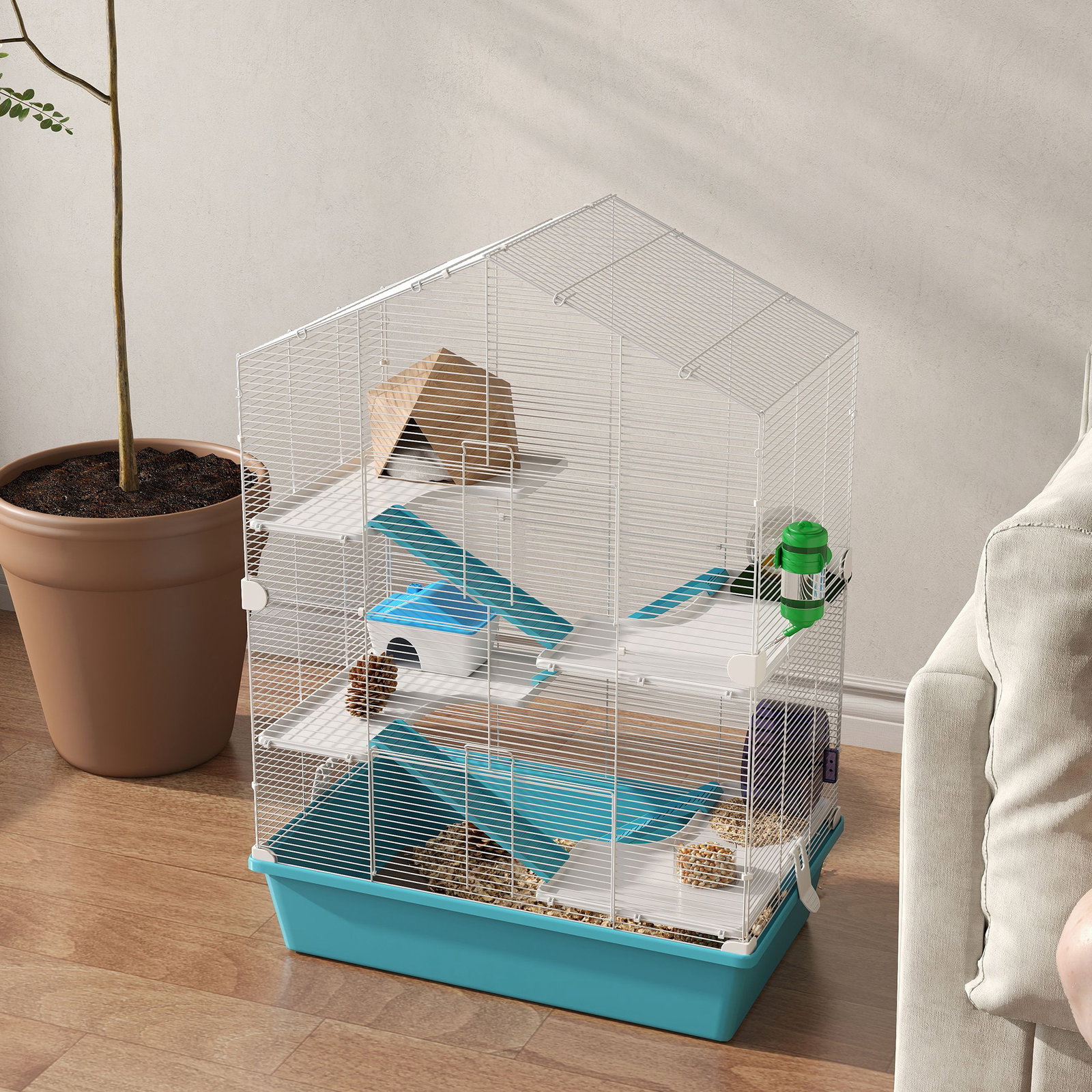 Gaiola para hamster de 5 níveis com plataformas comedouro bebedouro casa rampa e rodas de exercícios 58x36x81 cm azul claro