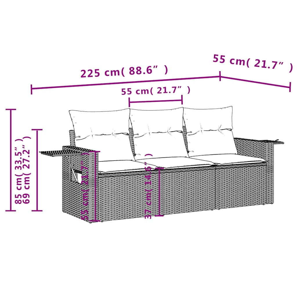 3 Pcs conjunto sofás de jardim com almofadões vime PE preto