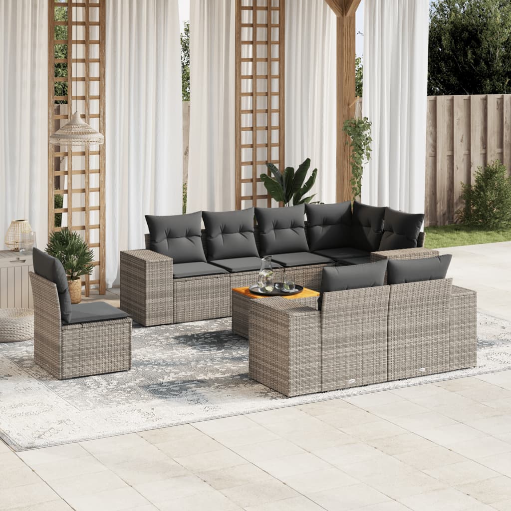 9 Pcs conjunto sofás p/ jardim com almofadões vime PE cinzento