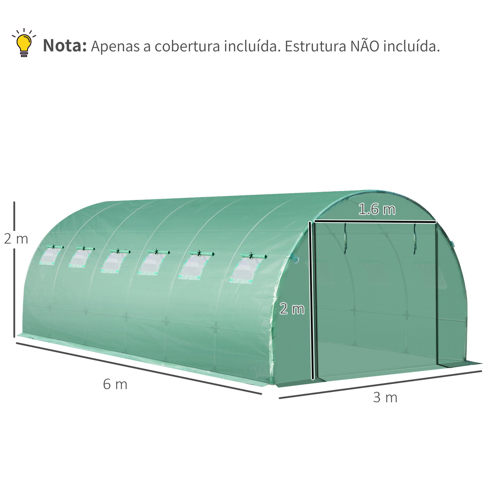 Cobertura de Estufa de Túnel 6x3x2m Cobertura de Substituição de Estufa Polietileno com 12 Janelas e Portas Enroláveis Proteção