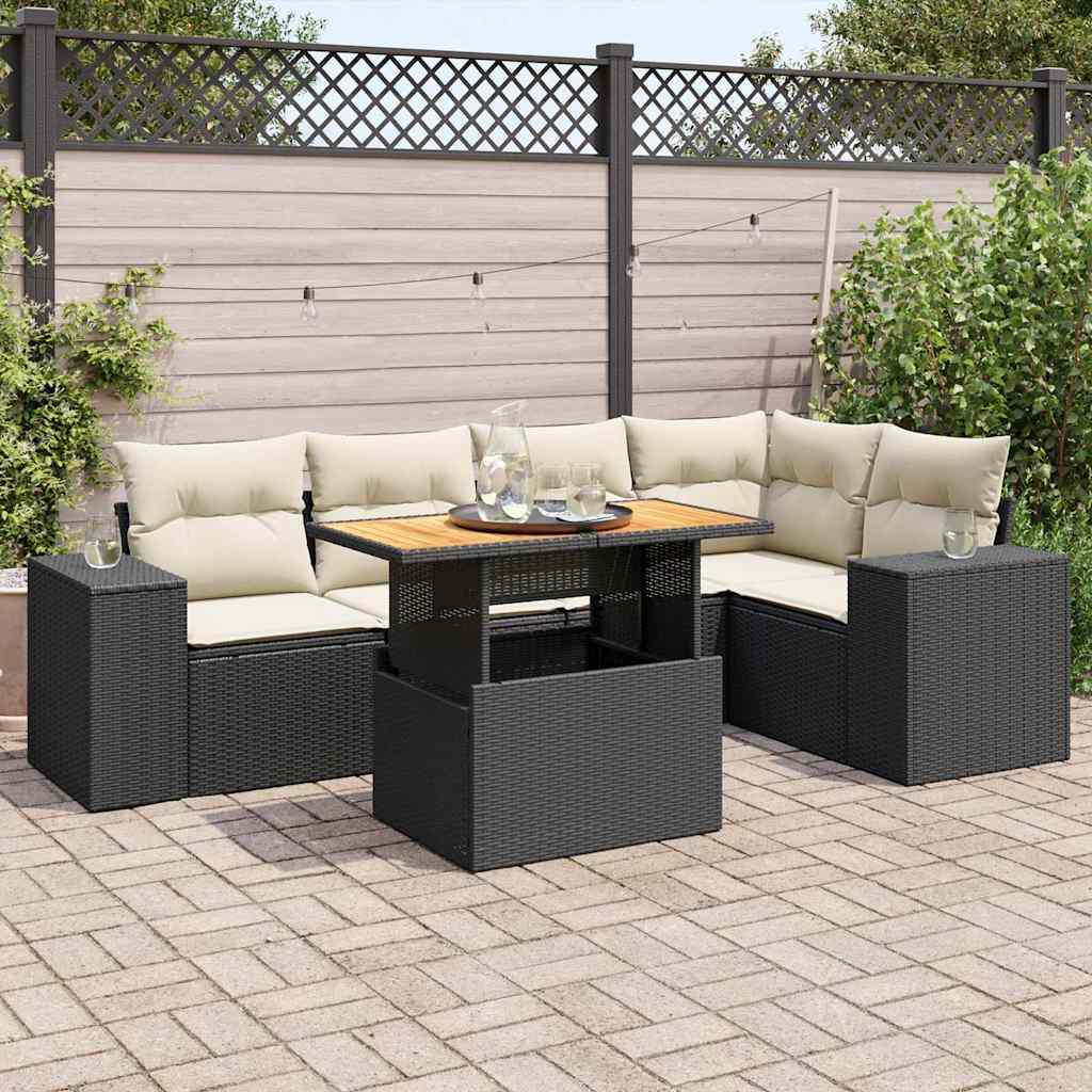 6 Pcs conjunto sofás de jardim c/ almofadões vime PE preto