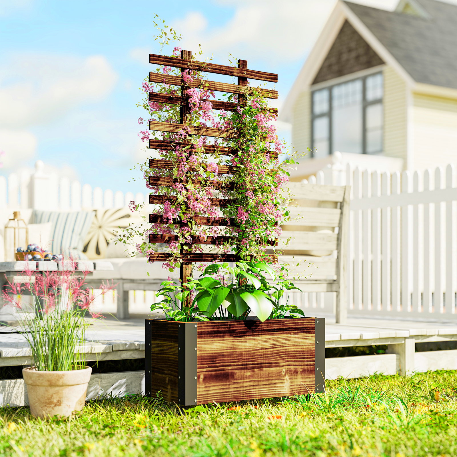 Floreira exterior de madeira floreira com treliça para plantas trepadeiras tecido não tecido rodas 65x31x147 cm madeira