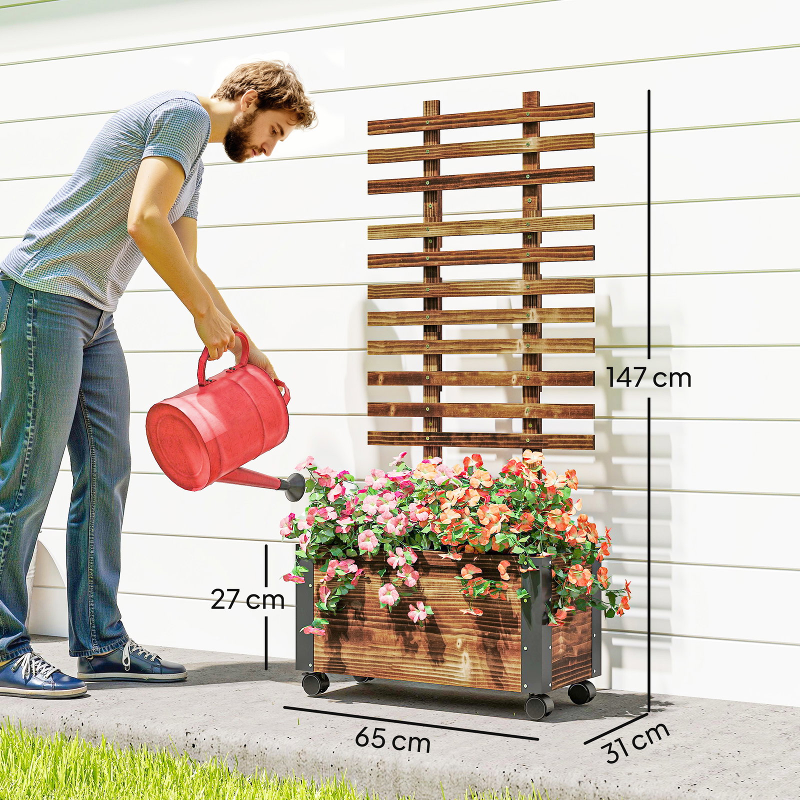 Floreira exterior de madeira floreira com treliça para plantas trepadeiras tecido não tecido rodas 65x31x147 cm madeira