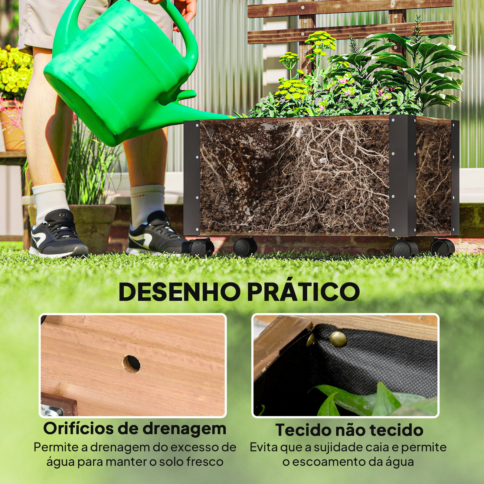 Floreira exterior de madeira floreira com treliça para plantas trepadeiras tecido não tecido rodas 65x31x147 cm madeira