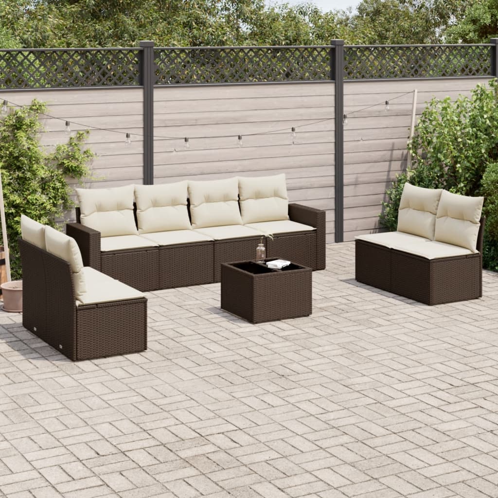 9 Pcs conjunto sofás p/ jardim c/ almofadões vime PE castanho