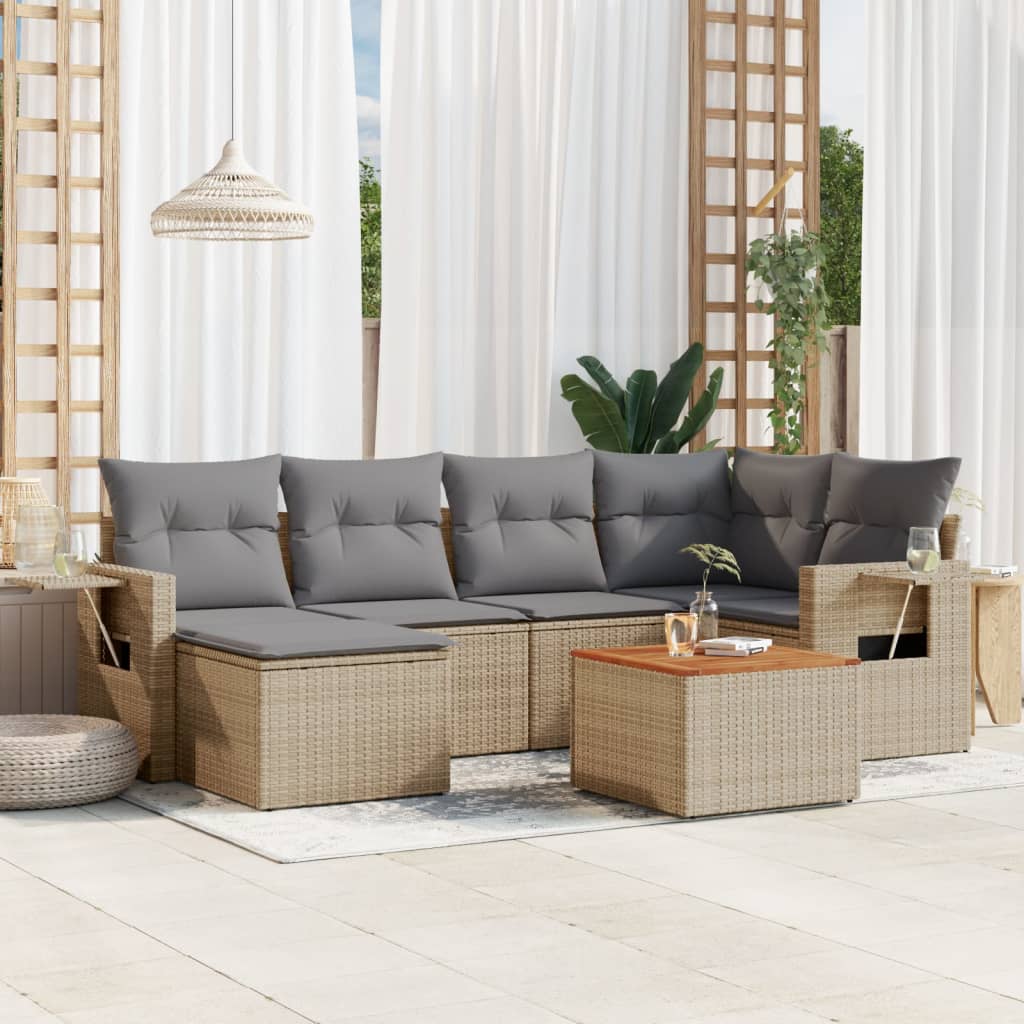 7 Pcs conj. sofás jardim c/ almofadões vime PE bege misturado