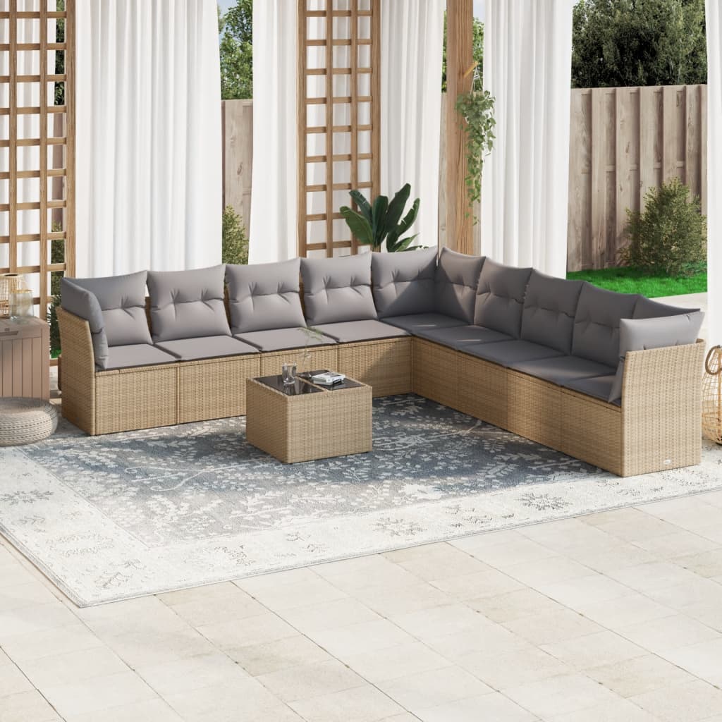 10 Pcs conjunto de sofás p/ jardim com almofadões vime PE bege