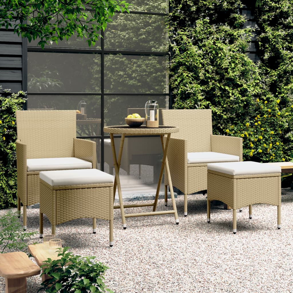 5 Pcs conjunto bistrô de jardim vime PE e vidro temperado bege