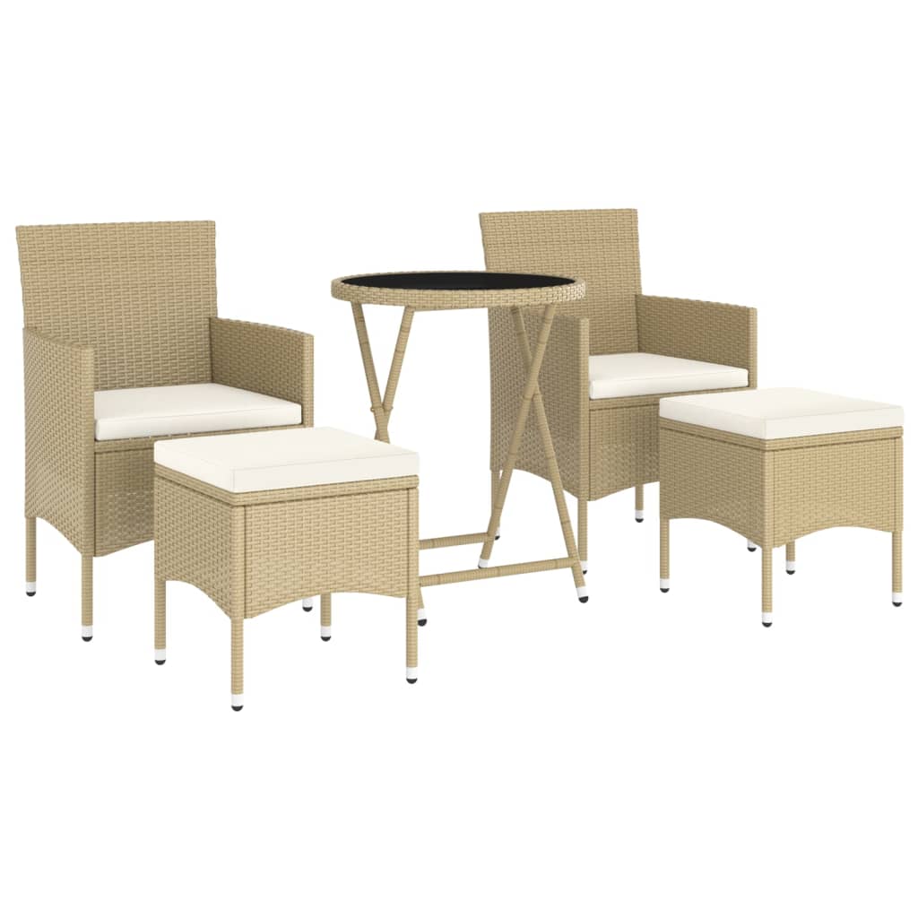 5 Pcs conjunto bistrô de jardim vime PE e vidro temperado bege