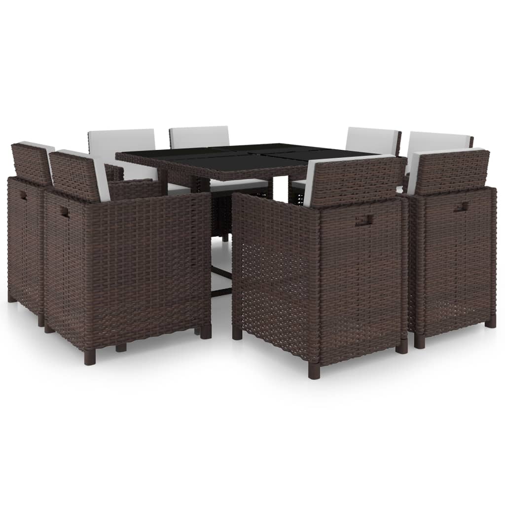 9 Pcs conjunto jantar exterior c/ almofadões vime PE castanho