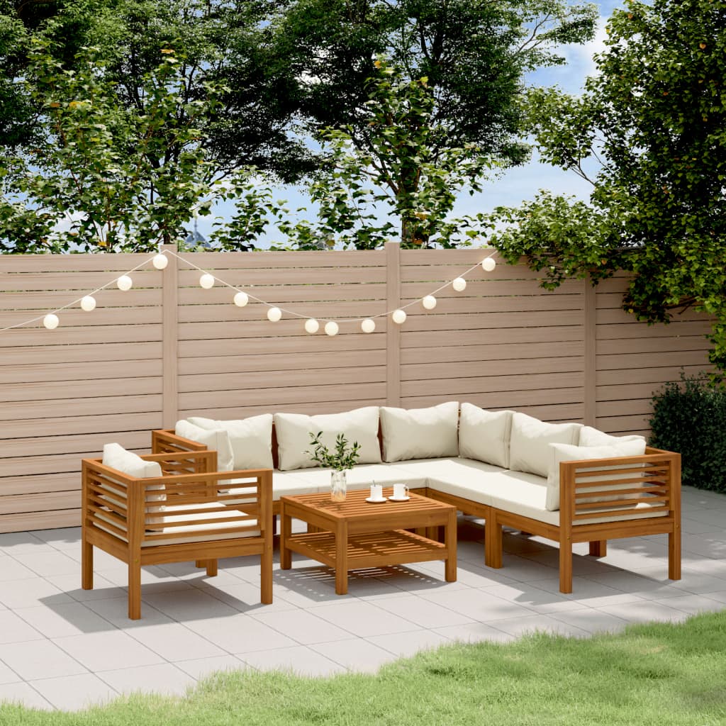 7 Pcs conjunto lounge jardim c/ almofadões creme acácia maciça