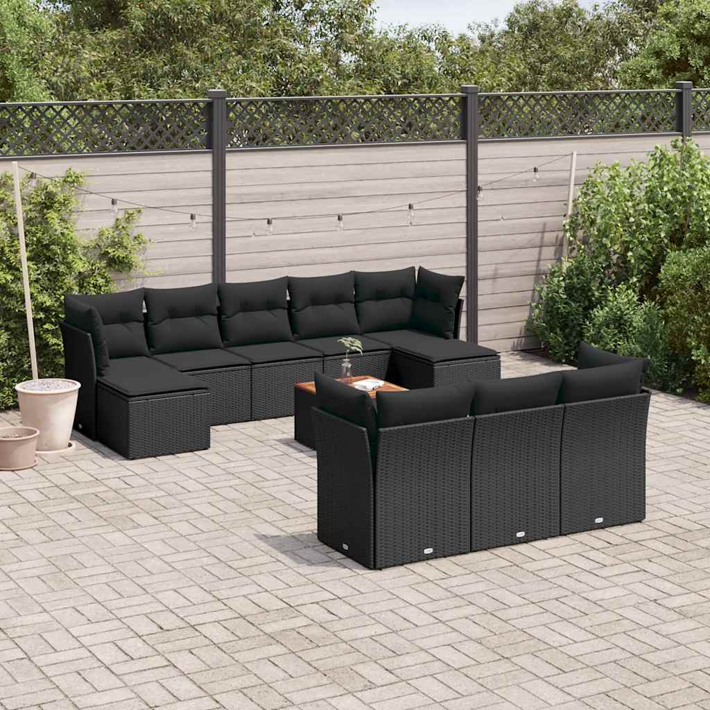 11 Pcs conjunto sofás de jardim c/ almofadões vime PE preto