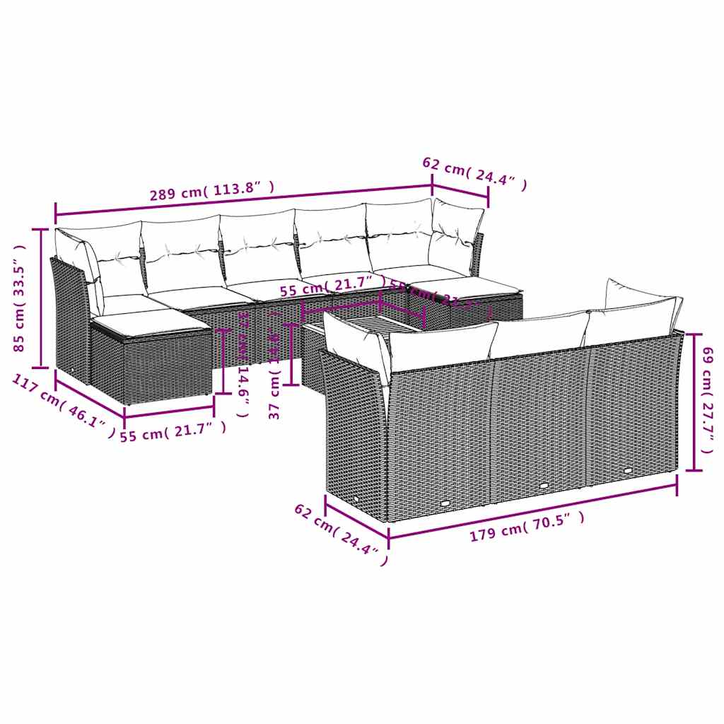 11 Pcs conjunto sofás de jardim c/ almofadões vime PE preto