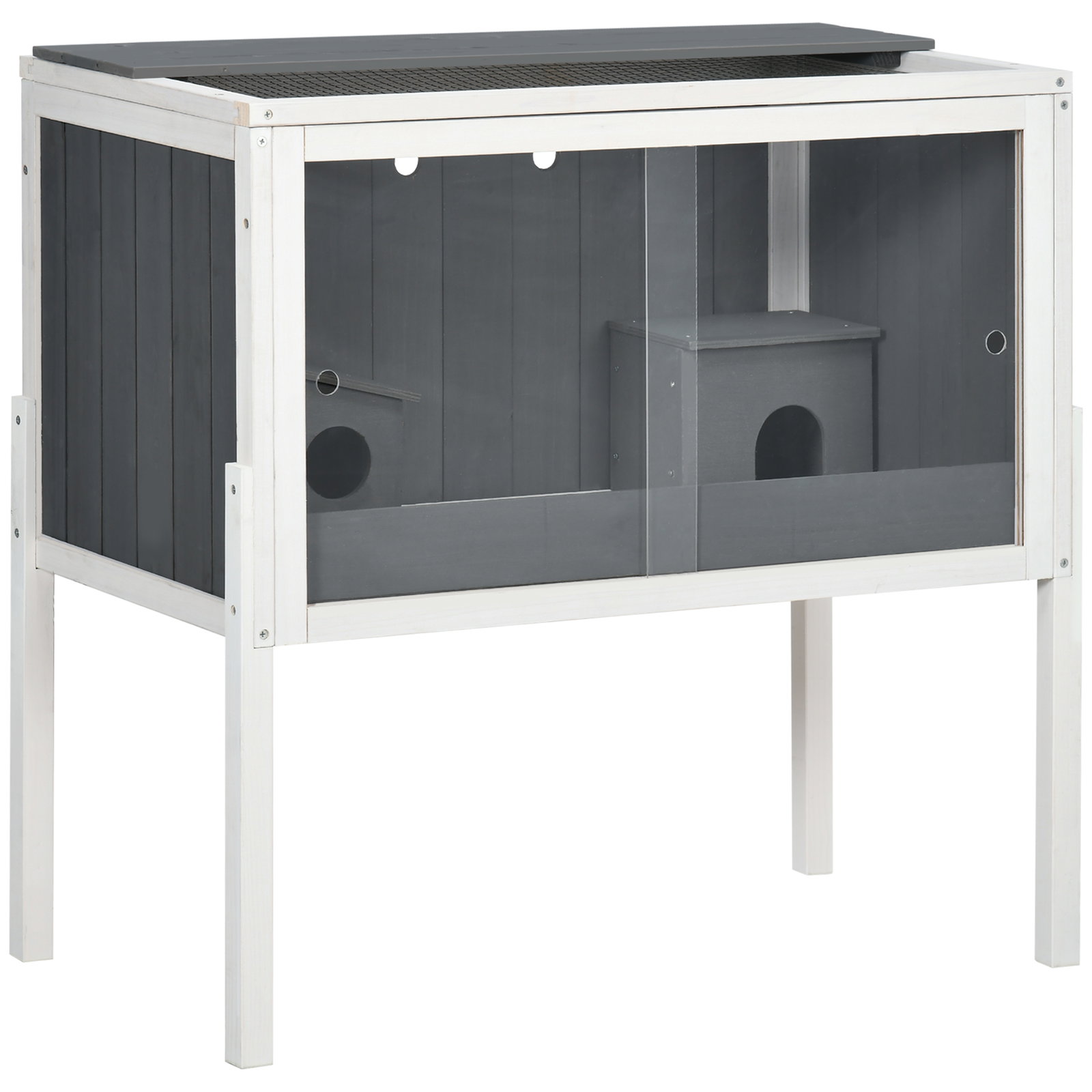 Gaiola para hamster de madeira com 2 portas de acrílico prateleira amovível 2 casas 82x45x81cm cinza e branco