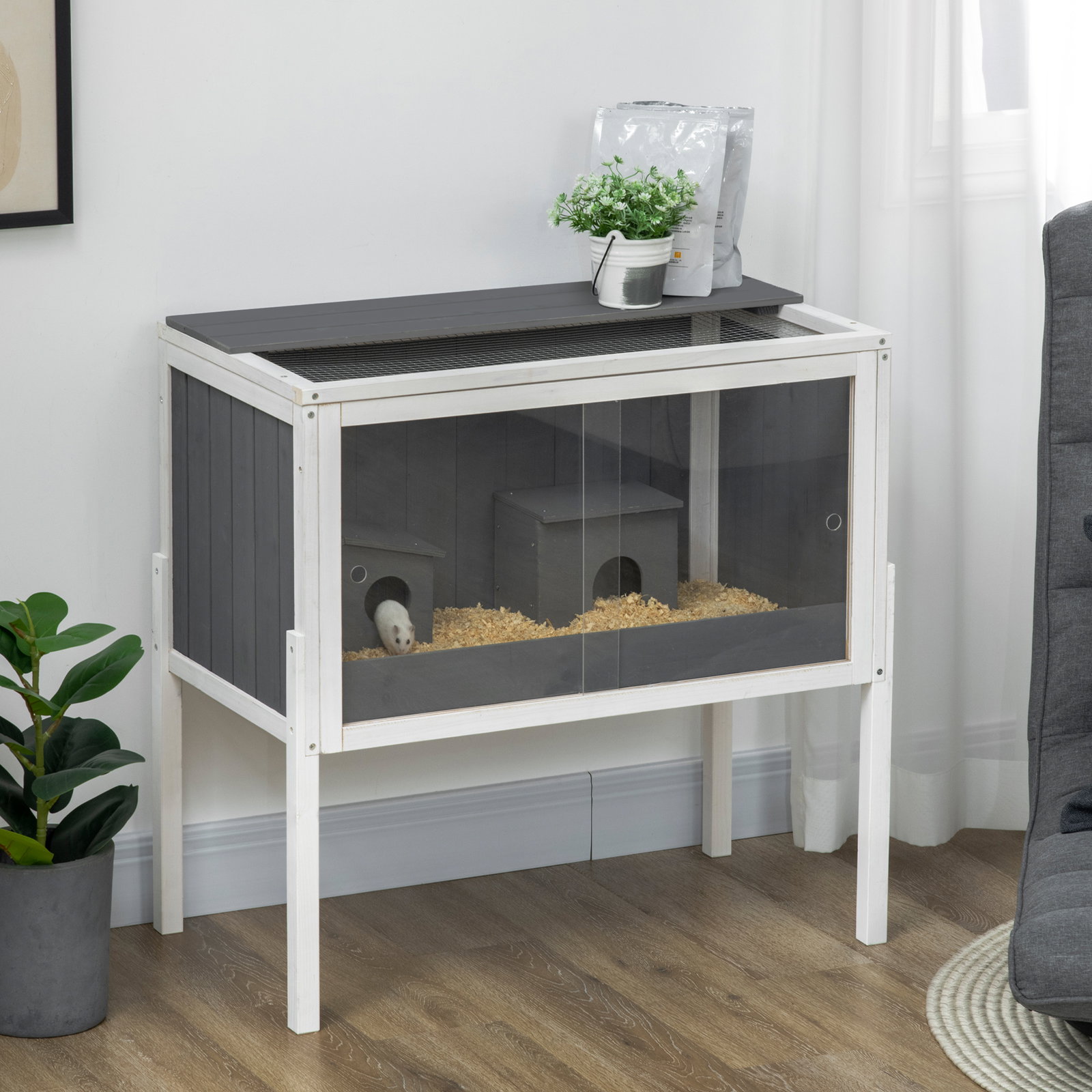 Gaiola para hamster de madeira com 2 portas de acrílico prateleira amovível 2 casas 82x45x81cm cinza e branco