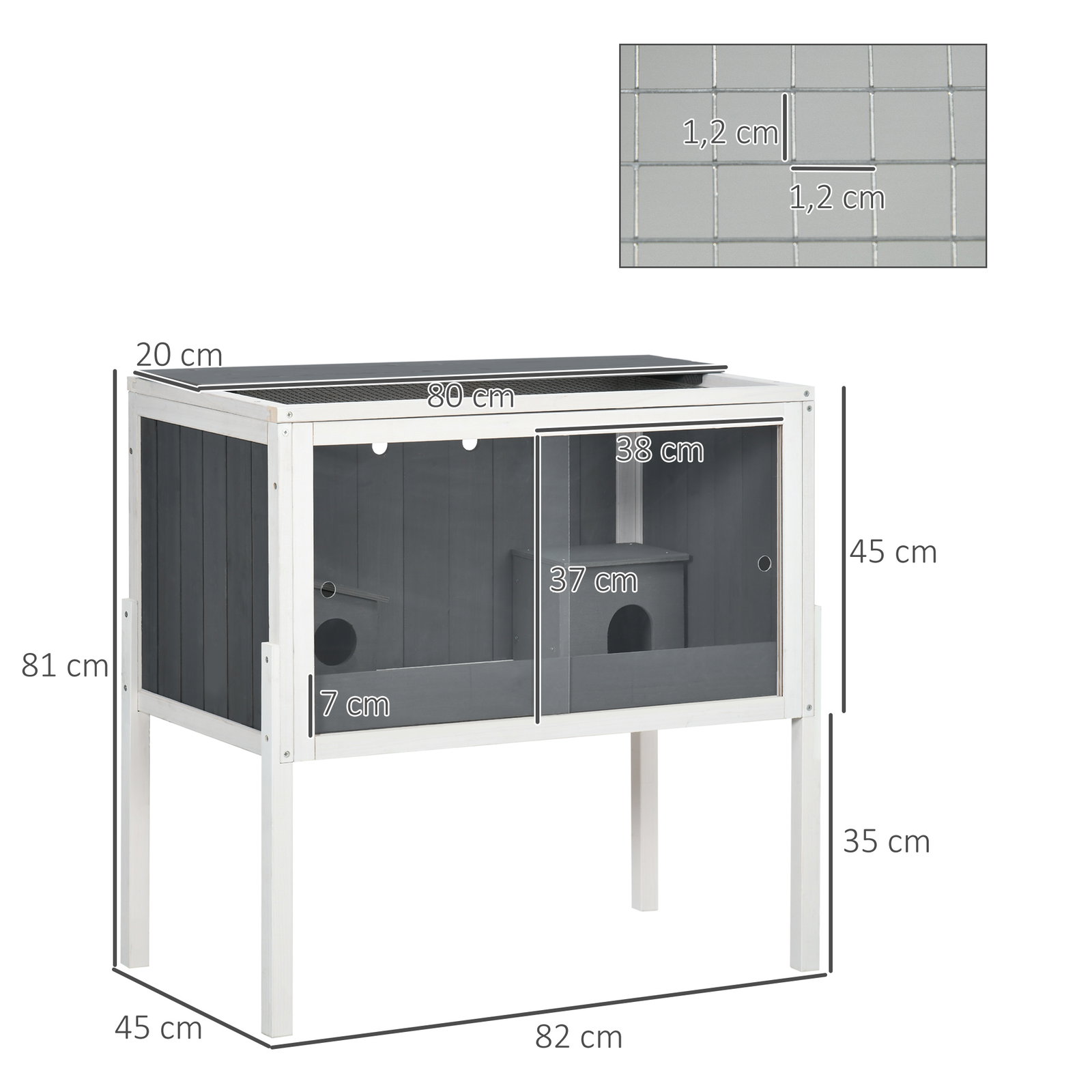 Gaiola para hamster de madeira com 2 portas de acrílico prateleira amovível 2 casas 82x45x81cm cinza e branco