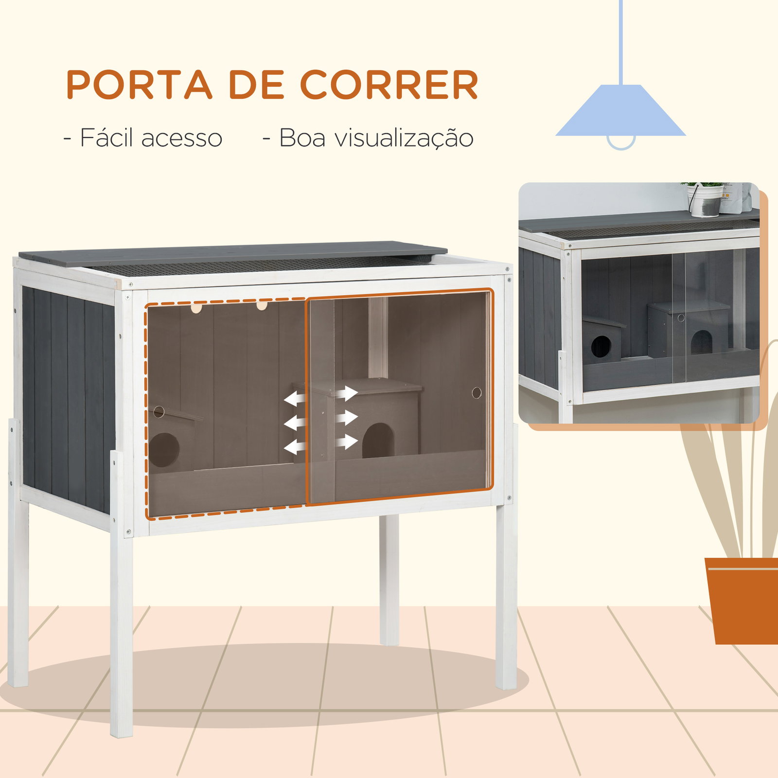 Gaiola para hamster de madeira com 2 portas de acrílico prateleira amovível 2 casas 82x45x81cm cinza e branco