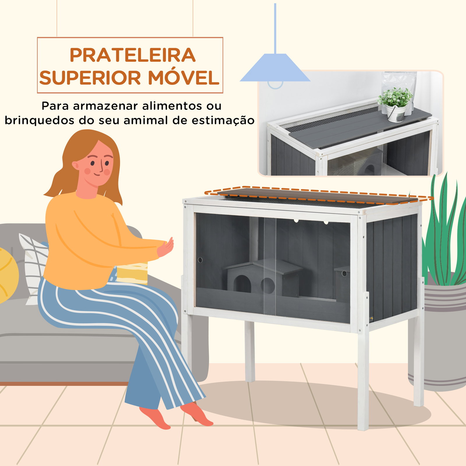 Gaiola para hamster de madeira com 2 portas de acrílico prateleira amovível 2 casas 82x45x81cm cinza e branco