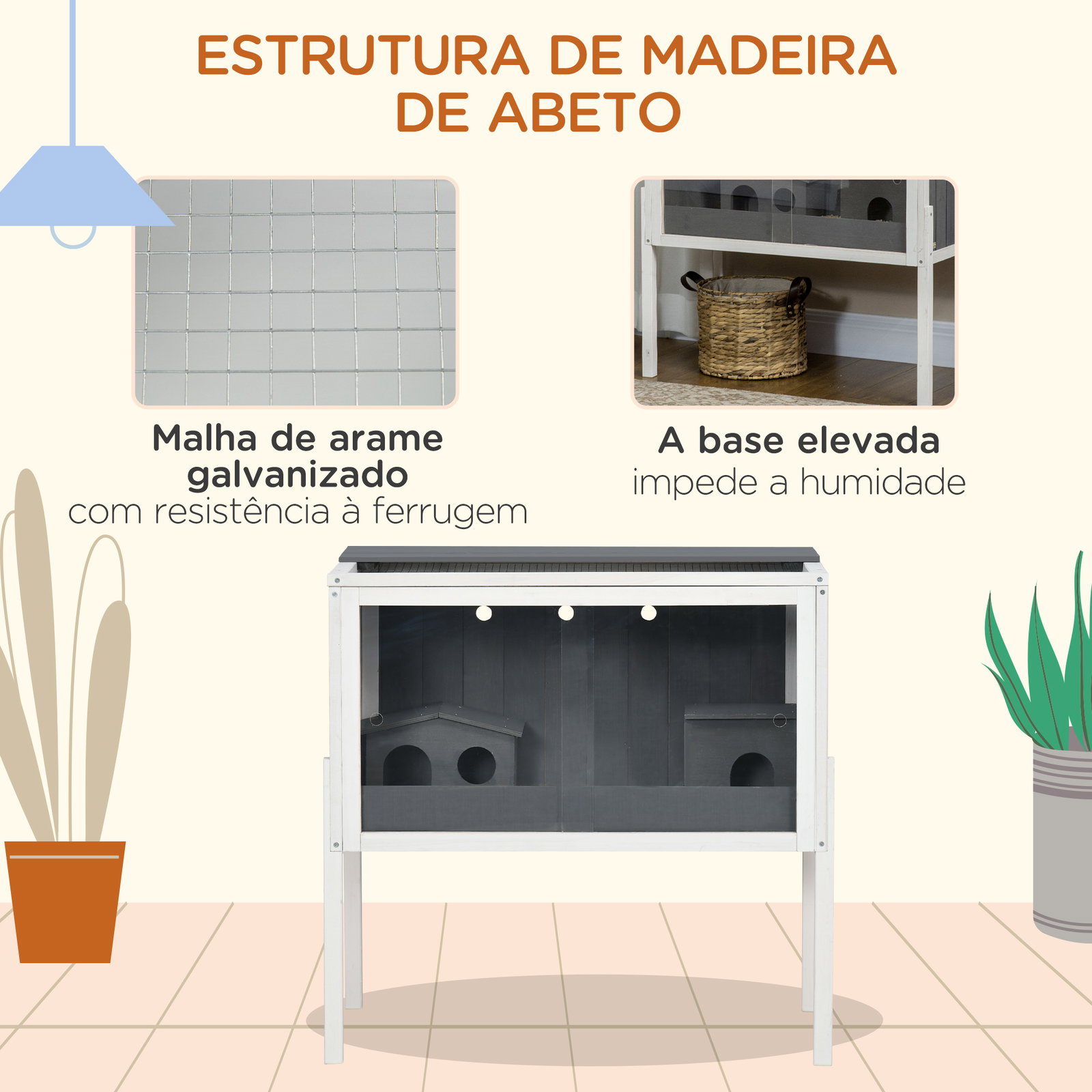 Gaiola para hamster de madeira com 2 portas de acrílico prateleira amovível 2 casas 82x45x81cm cinza e branco
