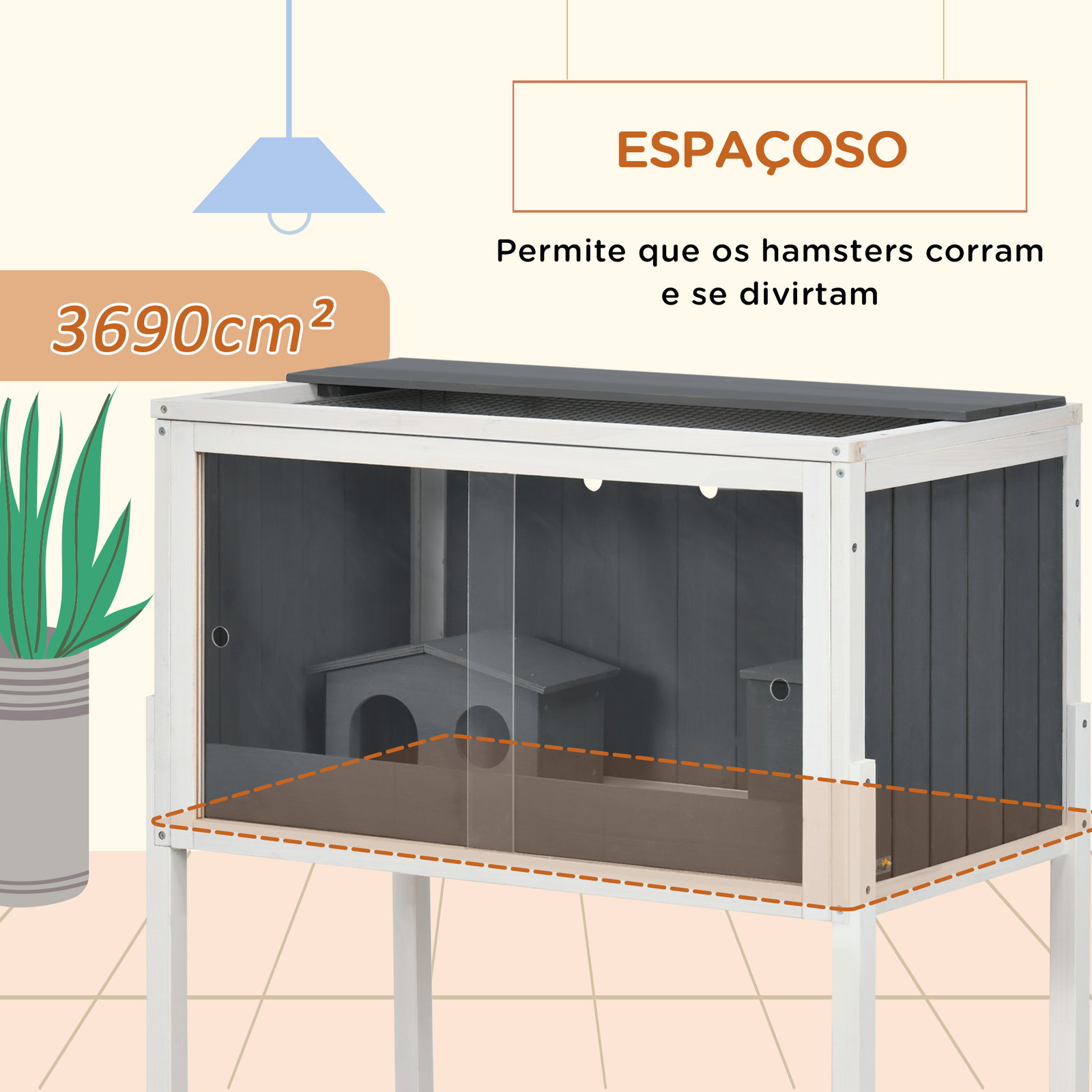 Gaiola para hamster de madeira com 2 portas de acrílico prateleira amovível 2 casas 82x45x81cm cinza e branco