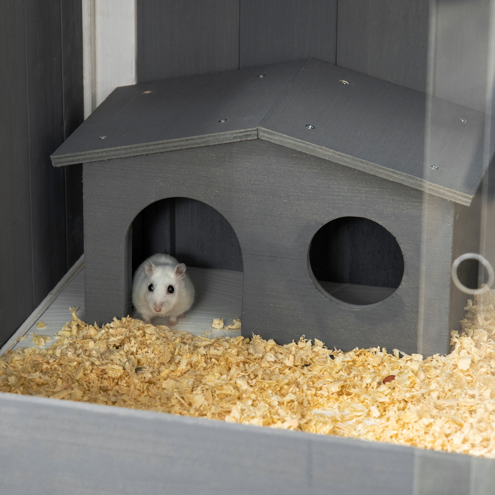 Gaiola para hamster de madeira com 2 portas de acrílico prateleira amovível 2 casas 82x45x81cm cinza e branco