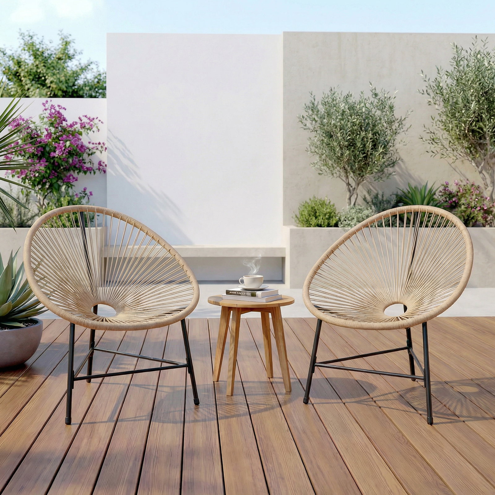 Conjunto de 2 cadeiras acapulco de jardim em vime sintético cadeiras para exterior com estrutura de aço madeira