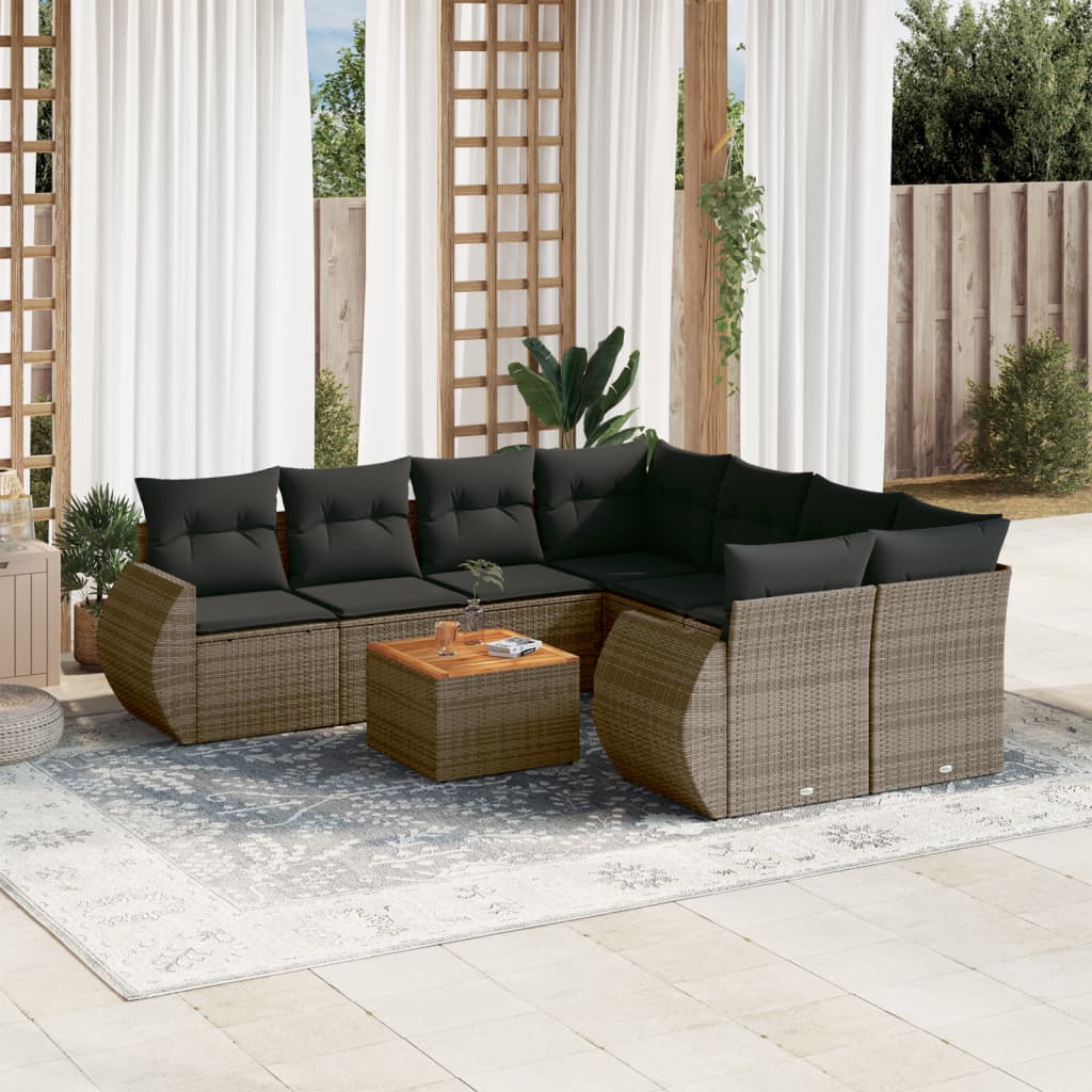 9 Pcs conjunto sofás p/ jardim com almofadões vime PE cinzento