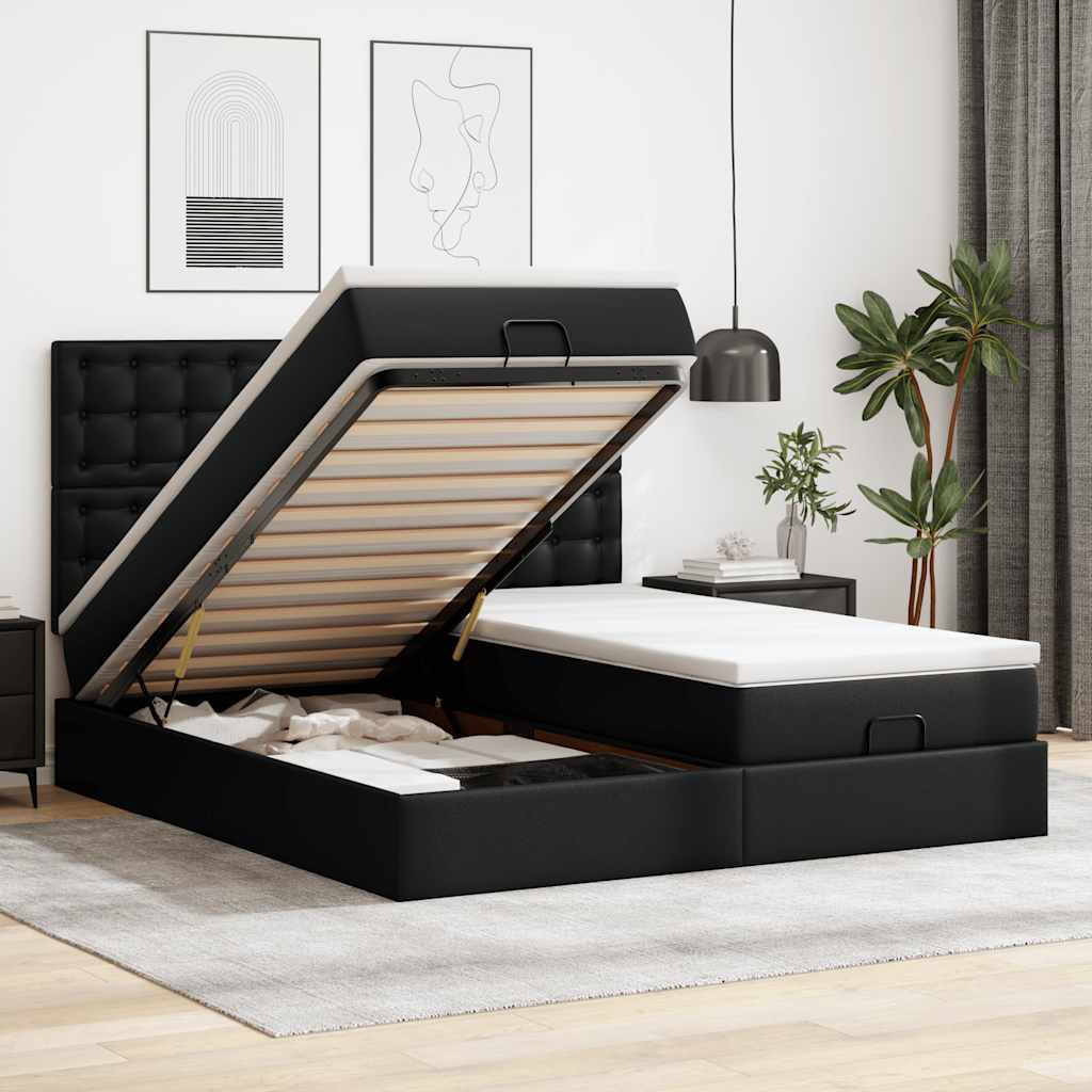 Estrutura de cama otomana com colchões pele artificial preta
