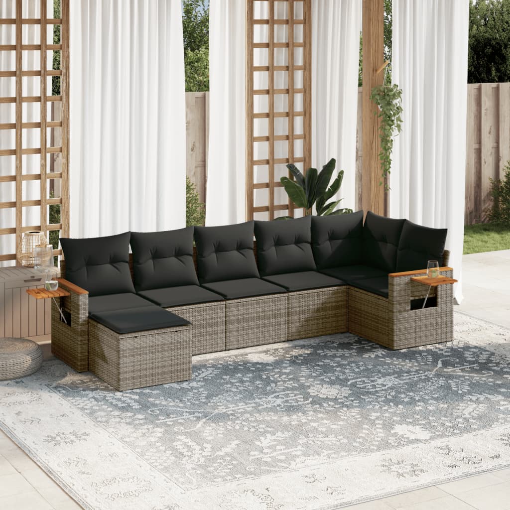 7 Pcs conjunto sofás p/ jardim c/ almofadões vime PE cinzento