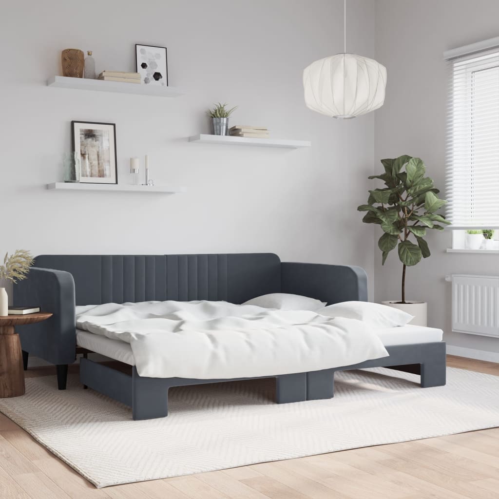 Sofá-cama com gavetão 100x200 cm veludo cinzento-escuro
