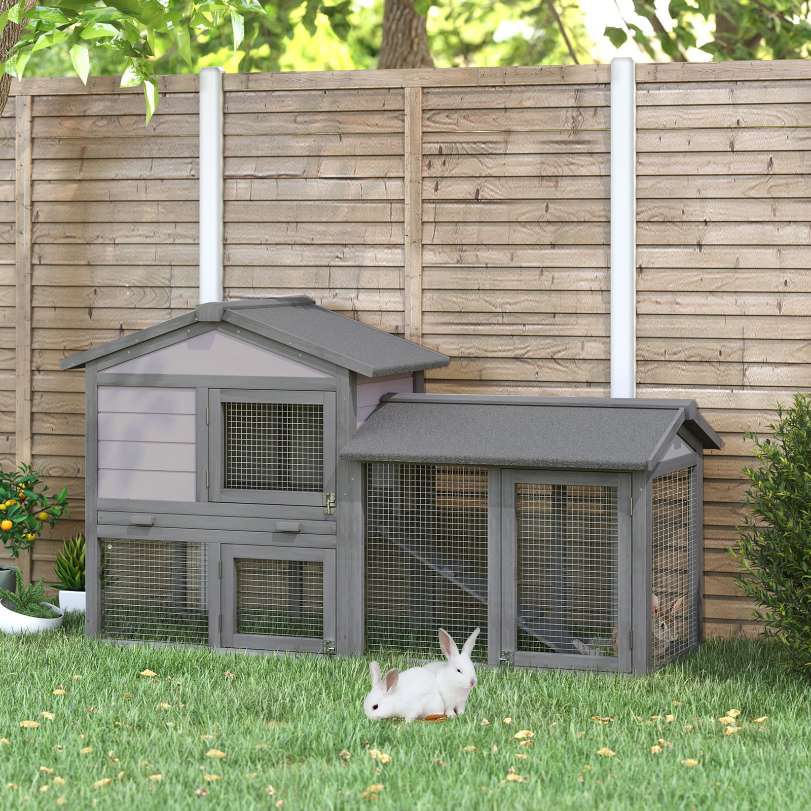 Casa para coelhos de madeira coelheira para exterior com bandeja removível 147x54x84cm cinza