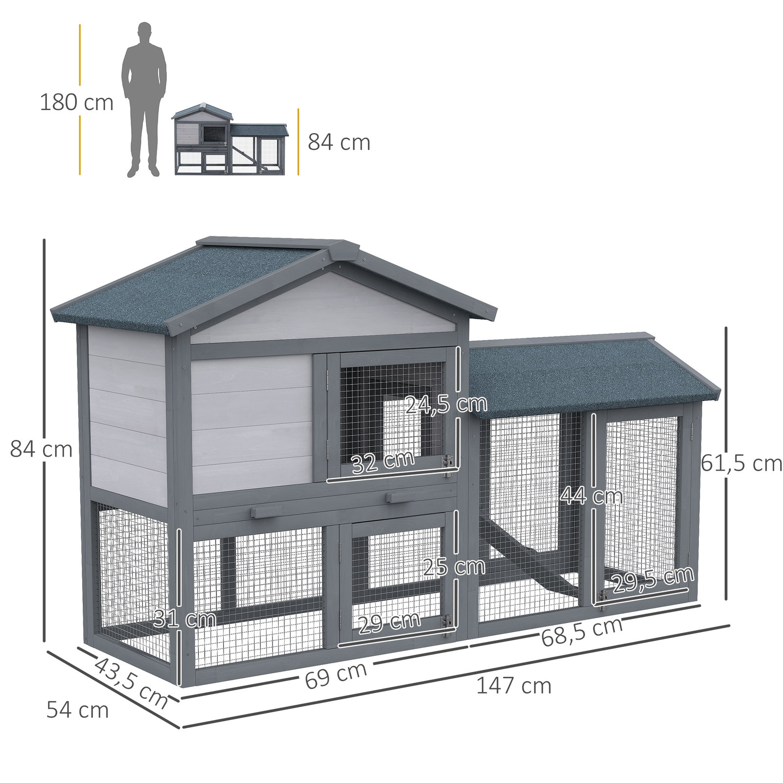 Casa para coelhos de madeira coelheira para exterior com bandeja removível 147x54x84cm cinza